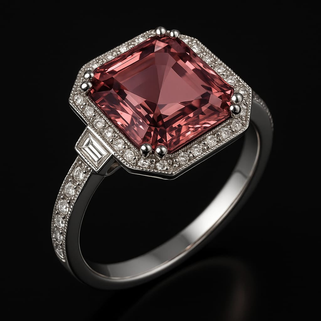 18KT WHITE GOLD ENGAGEMENT RING SET WITH A PINK RADIANT CUT TOURMALINE AND DIAMONDS (Copy)