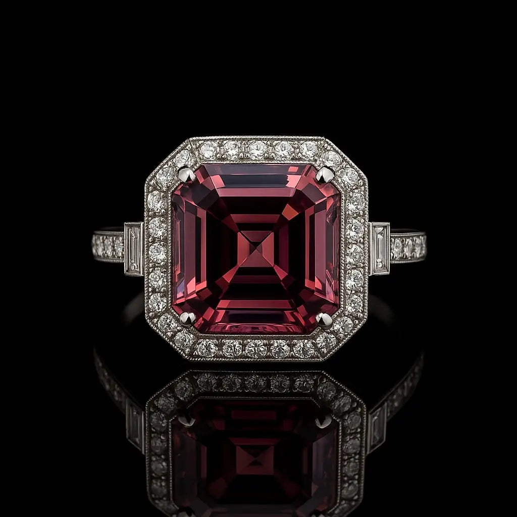 18KT WHITE GOLD ENGAGEMENT RING SET WITH A PINK RADIANT CUT TOURMALINE AND DIAMONDS Angelica Jewellers