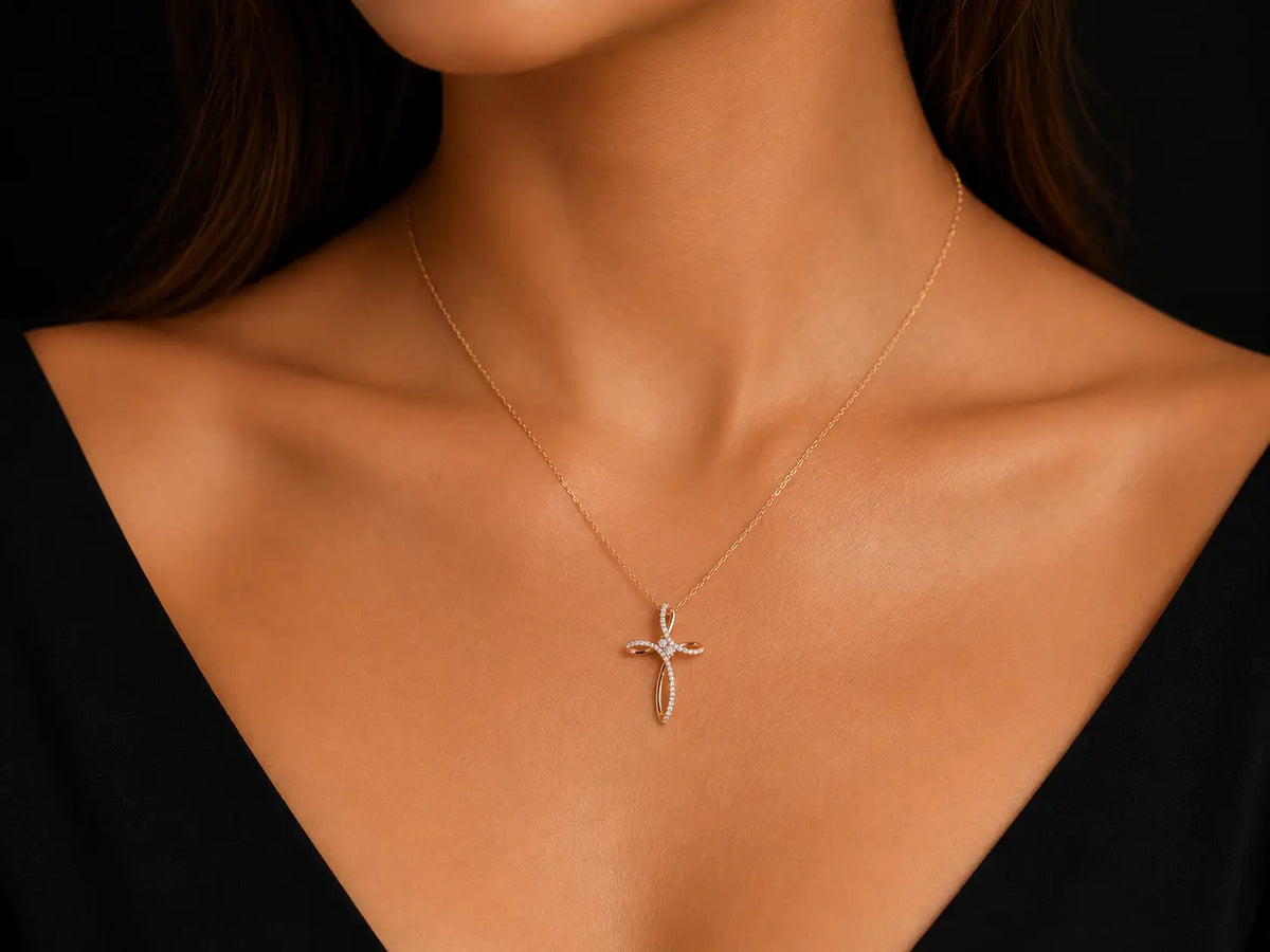 10K Rose Gold Diamond Cross Pendant Necklace Angelica Jewellers