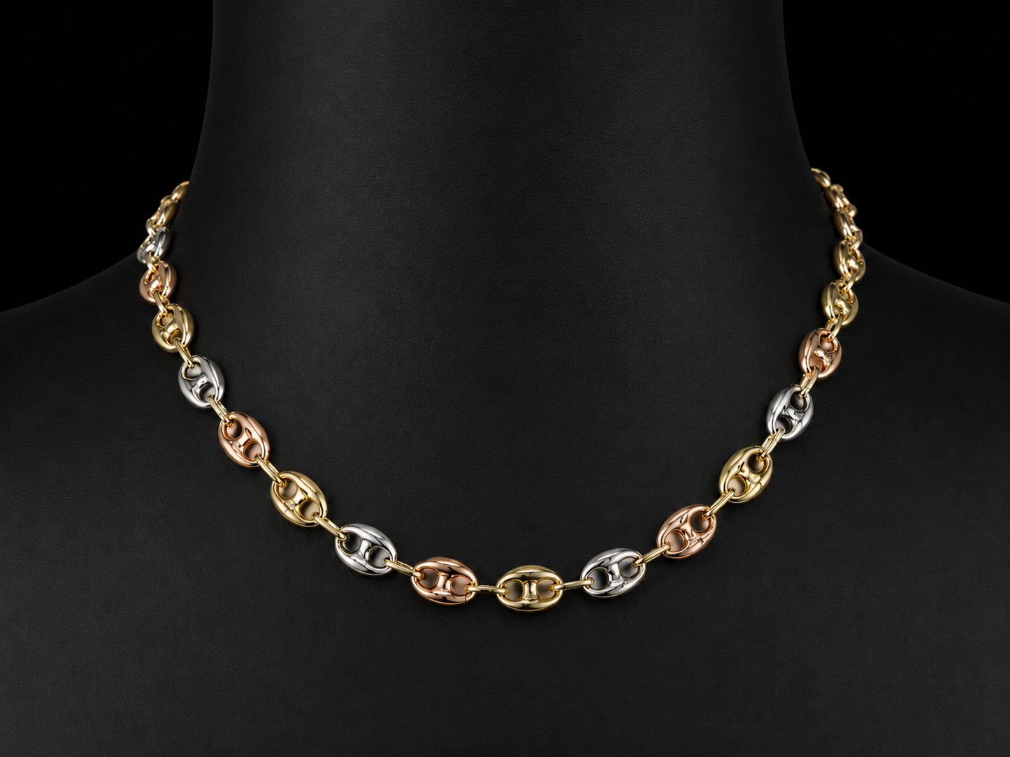10K Tri-Color Gold Anchor Puff Chain – 8mm, 16”, 18g