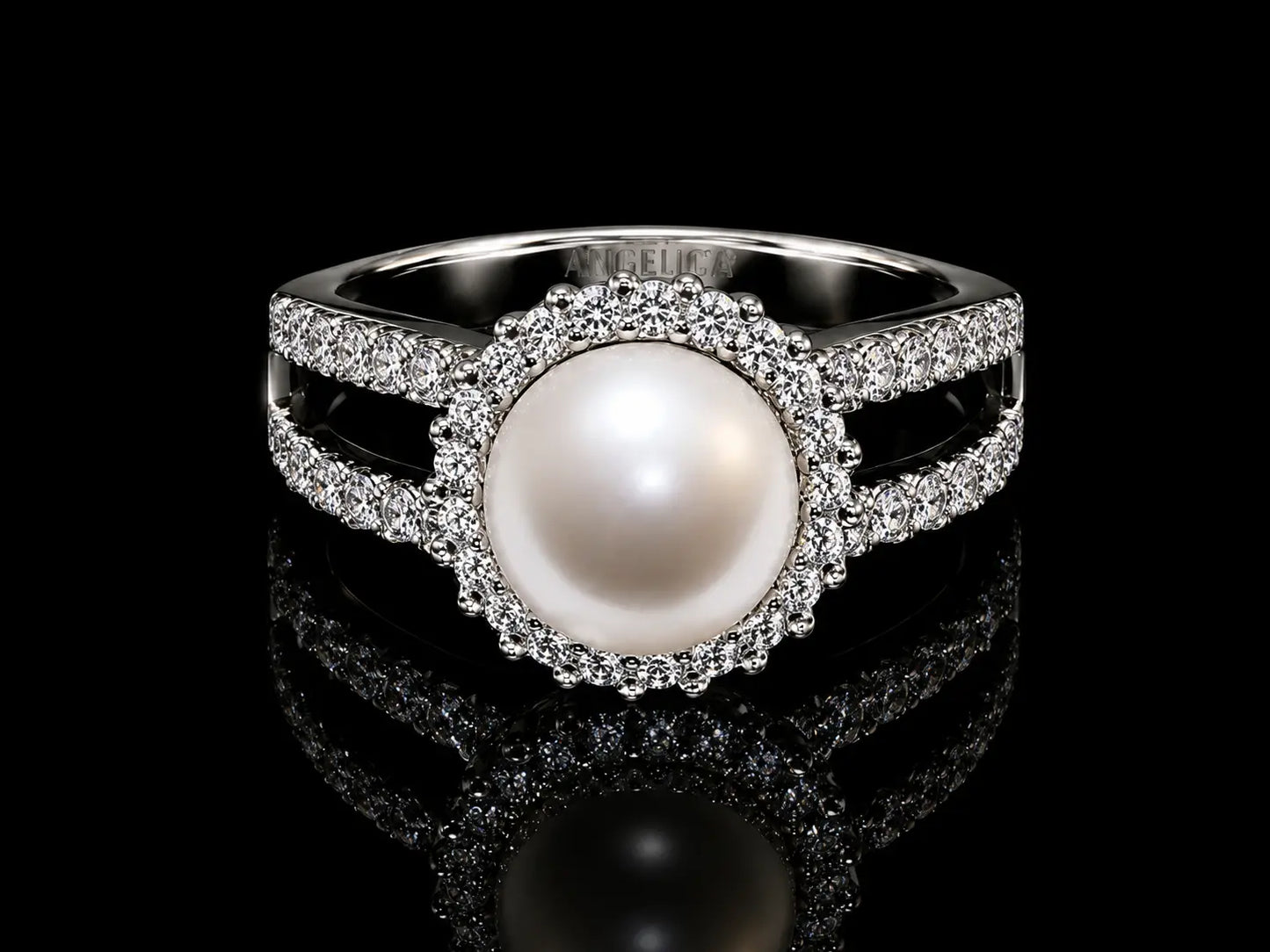 18K White Gold Double Halo Saltwater Pearl & Diamond Ring – 0.70 CT VS F-G Angelica Jewellers