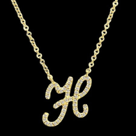 14K GOLD DIAMOND H INITIAL SCRIPT NECKLACE