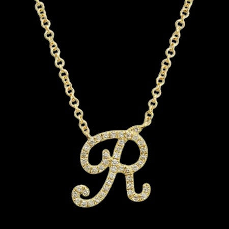 14K GOLD DIAMOND R INITIAL SCRIPT NECKLACE