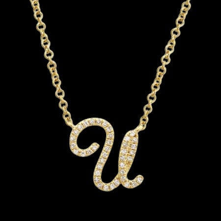 14K GOLD DIAMOND U INITIAL SCRIPT NECKLACE