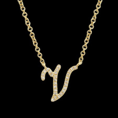14K GOLD DIAMOND V INITIAL SCRIPT NECKLACE