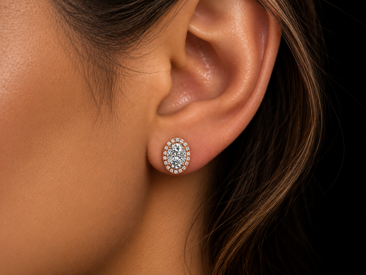 14K Rose and White Gold Oval Natural Diamond Halo Stud Earrings – 0.25 CT