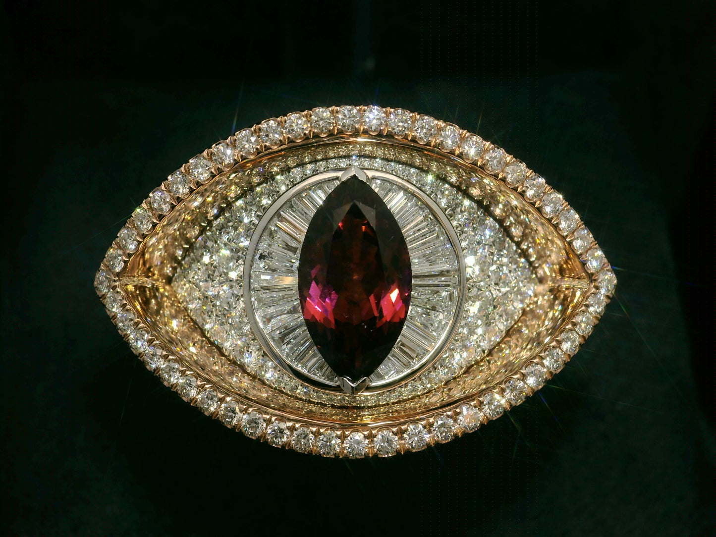 10K ROSE & WHITE GOLD DIAMOND $ PINK SAPHIRE EYE RING