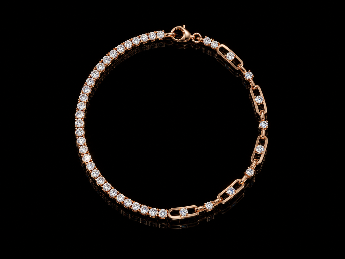 Lab-grown diamond tennis and link chain bracelet in rose gold, full view