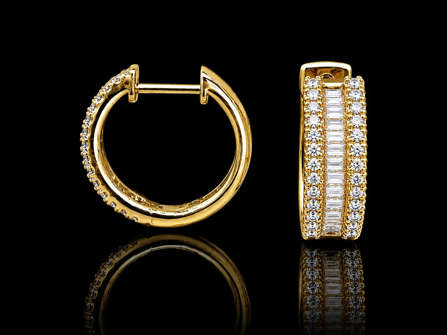 14K Yellow Gold Diamond Baguette & Round Diamond Hoop Earrings superbell