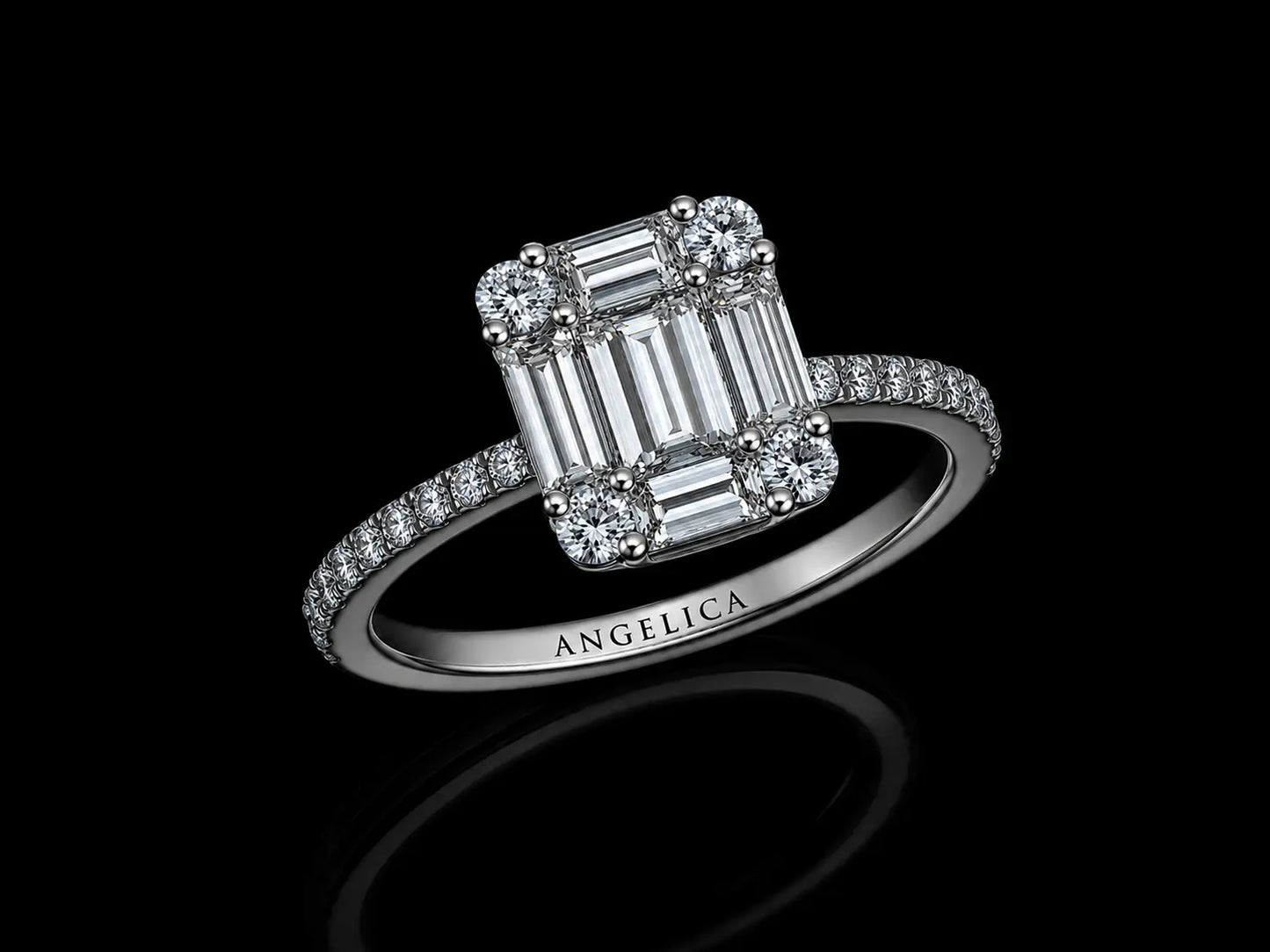 18K White Gold Natural Diamond Engagement Ring – Emerald & Round Diamond Trilogy Ring (0.64CT) Angelica Jewellers