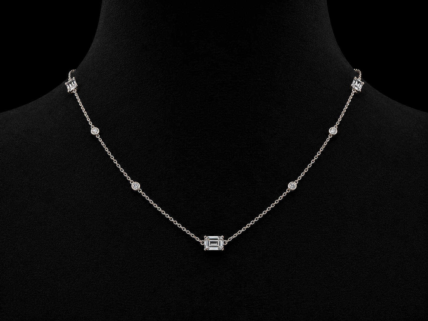 14K White Gold Diamond Station Necklace – 0.80 CTW Round Brilliant & Baguette Diamonds | SI Clarity, G-H Color Angelica Jewellers