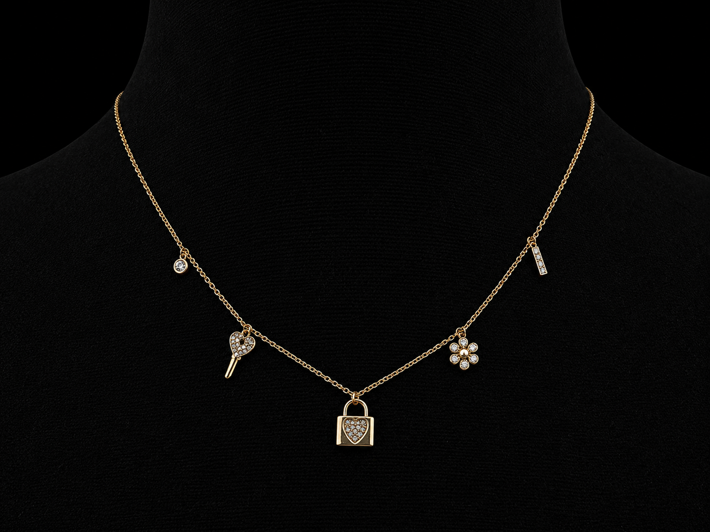 14K Yellow Gold Diamond Dangling Charms Necklace – Heart Lock, Heart Key & Lucky Charms | 0.13 CTW SI G-H Angelica Jewellers