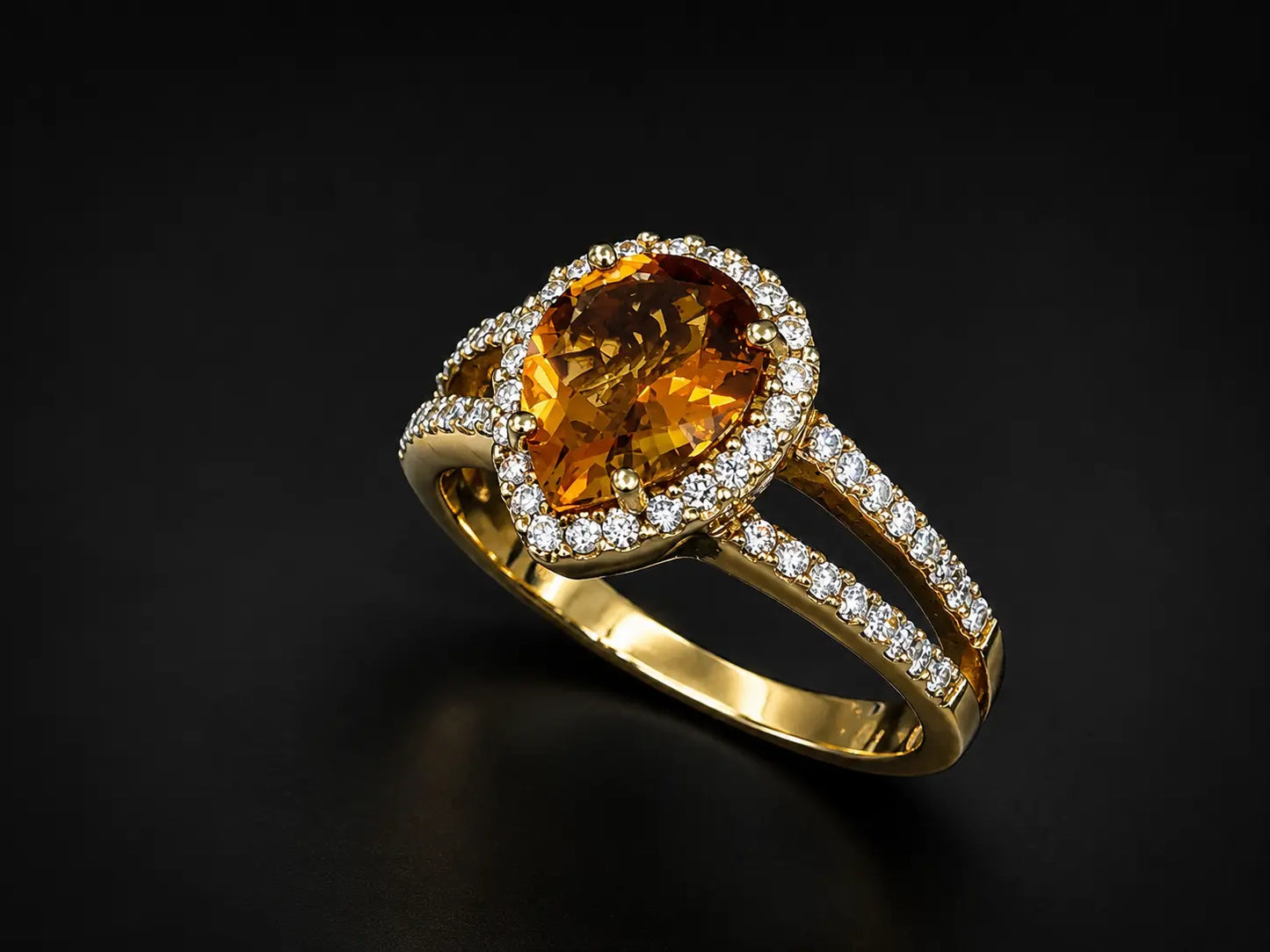18K Yellow Gold Pear Citrine & Halo Split-Shank Diamond Ring Angelica Jewellers