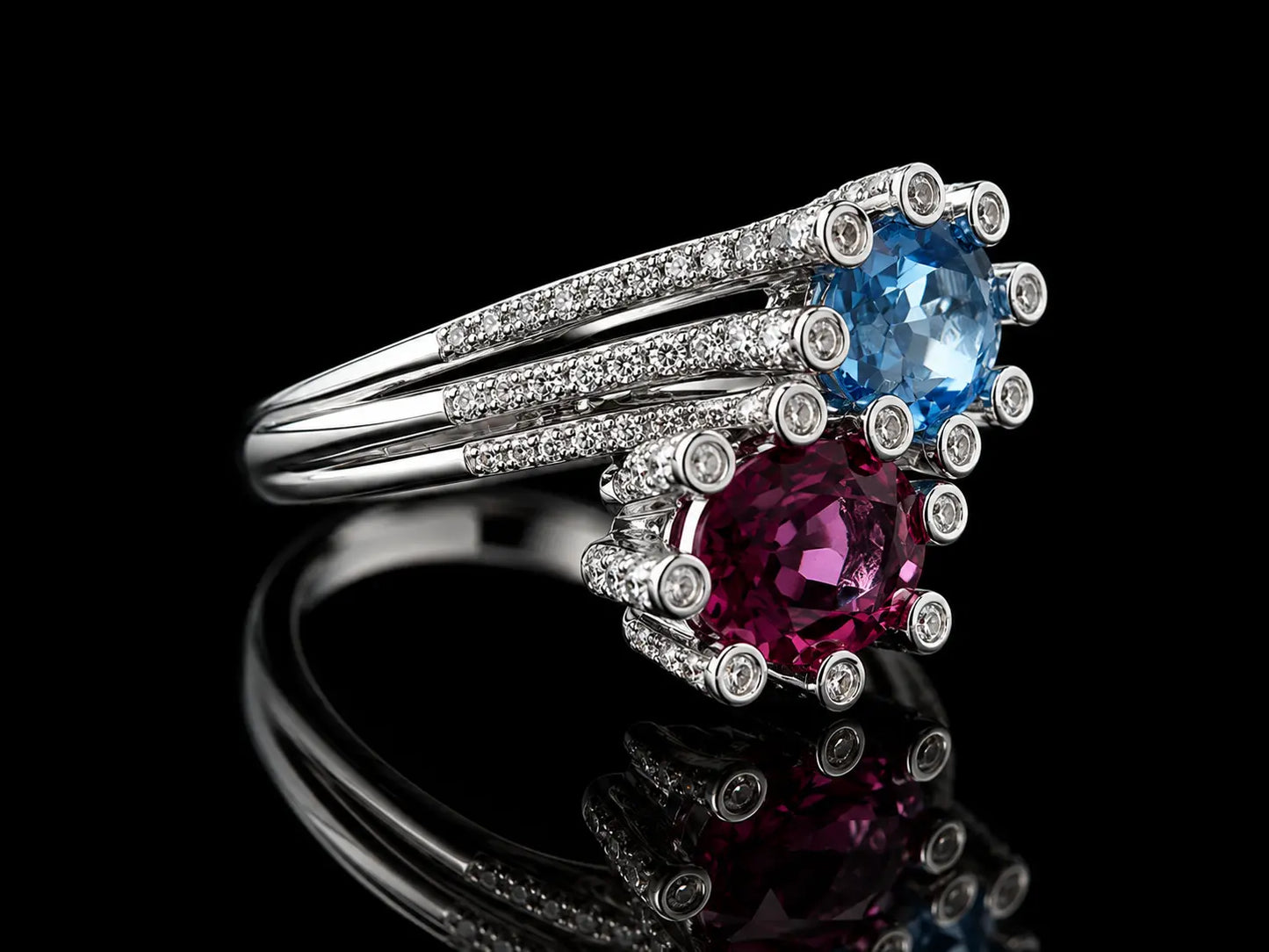 18K White Gold Toi et Moi Pink Tourmaline & Blue Topaz Ring Angelica Jewellers