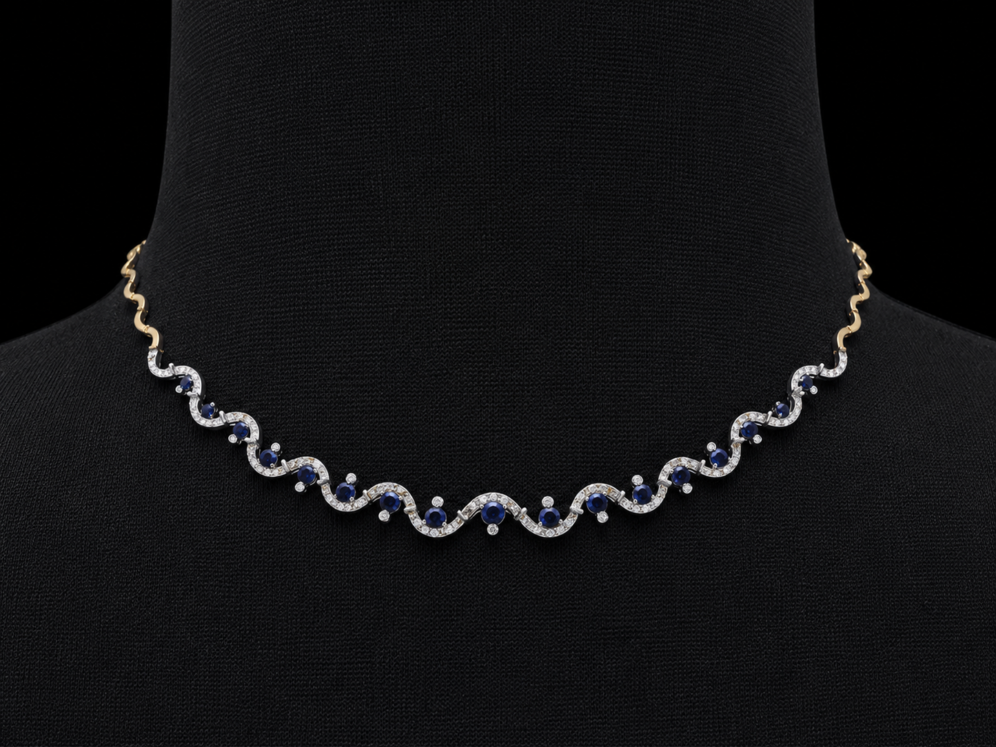 14K Two-Tone Gold Diamond & Sapphire Wave Necklace – 0.52 CTW Diamonds | 1.00 CTW Blue Sapphires | 16.5" Angelica Jewellers