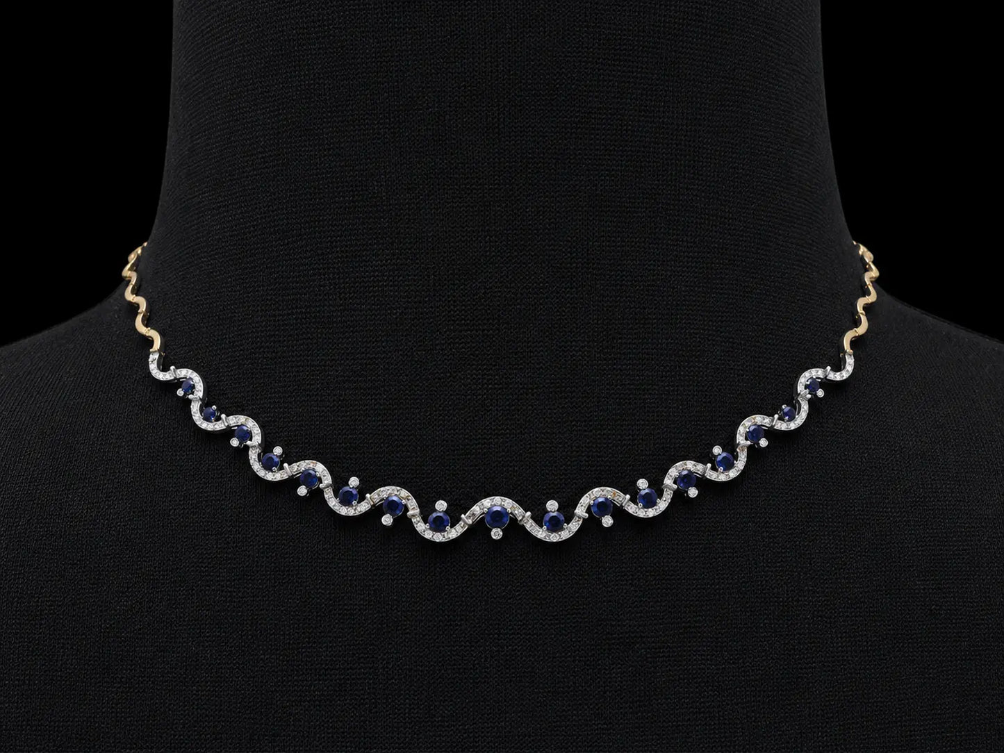 14K Two-Tone Gold Diamond & Sapphire Wave Necklace – 0.52 CTW Diamonds | 1.00 CTW Blue Sapphires | 16.5" Angelica Jewellers