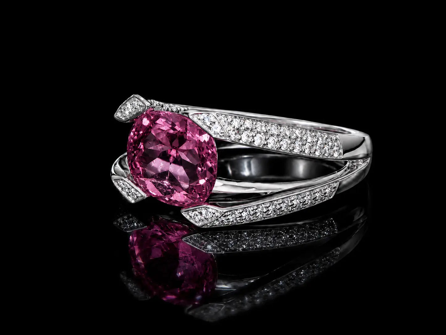 18K White Gold Split-Shank Pink Tourmaline & Diamond Statement Ring Angelica Jewellers