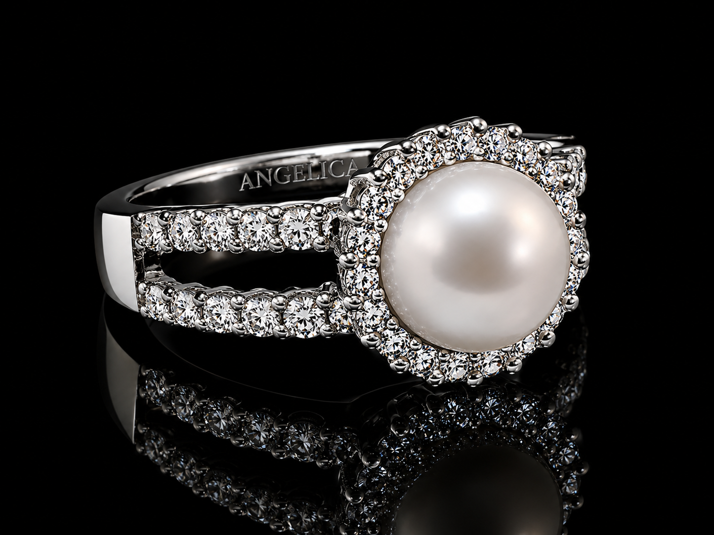 18K White Gold Double Halo Saltwater Pearl & Diamond Ring – 0.70 CT VS F-G