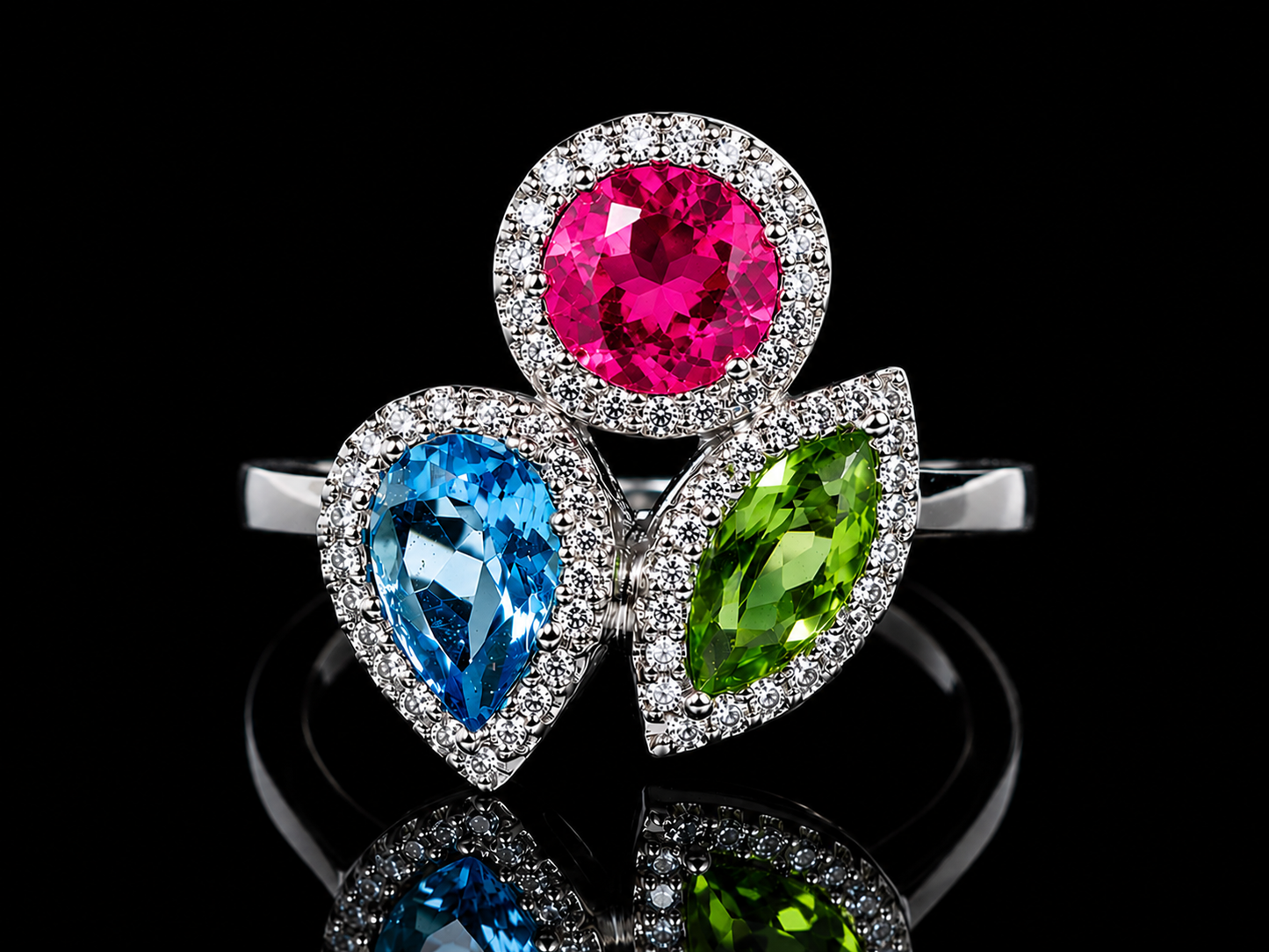 18K White Gold Peridot, Pink Tourmaline & Blue Topaz Diamond Trilogy Ring