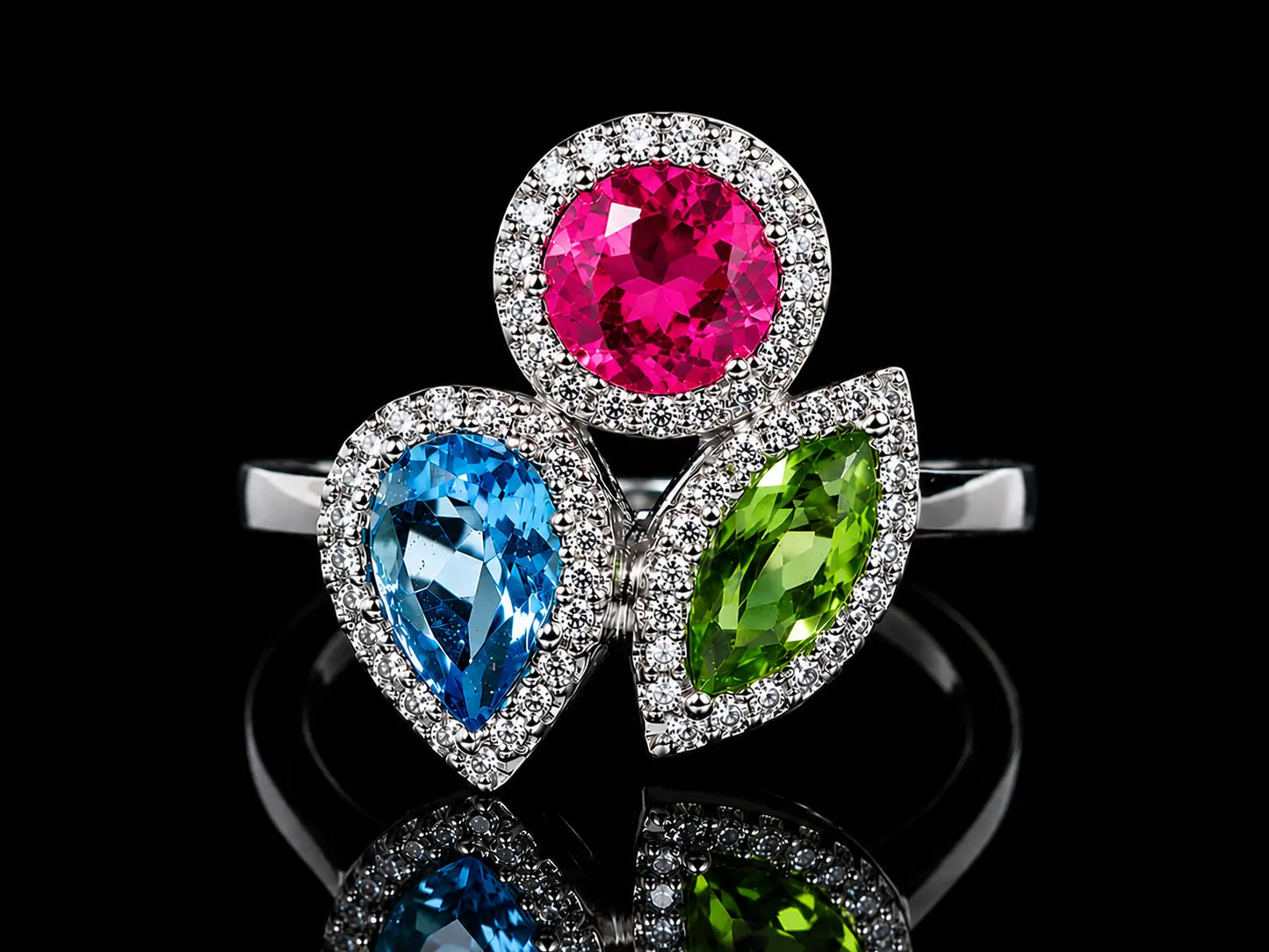 18K White Gold Peridot, Pink Tourmaline & Blue Topaz Diamond Trilogy Ring Angelica Jewellers