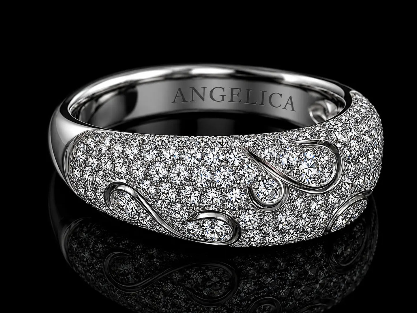 18K White Gold Full Pavé Arabesque Diamond Cabochon Ring – 1.15 CT VS F-G | 7.5 mm Angelica Jewellers