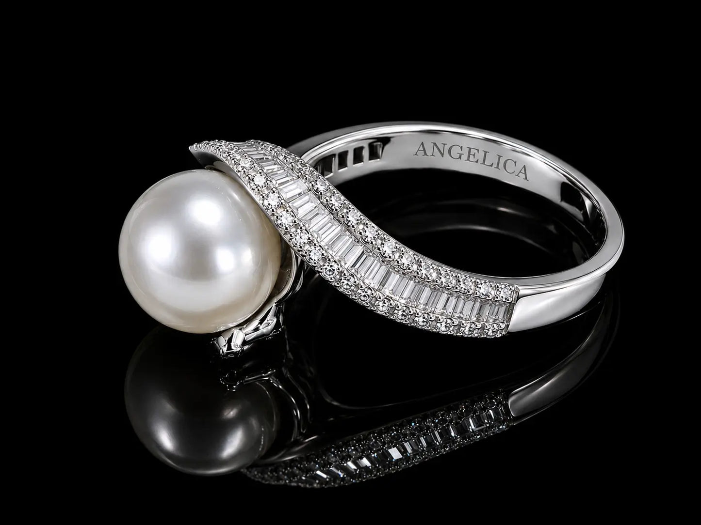 18K White Gold 9mm AA Pearl & Diamond Bypass Ring – 0.60 CT Natural Diamonds Angelica Jewellers