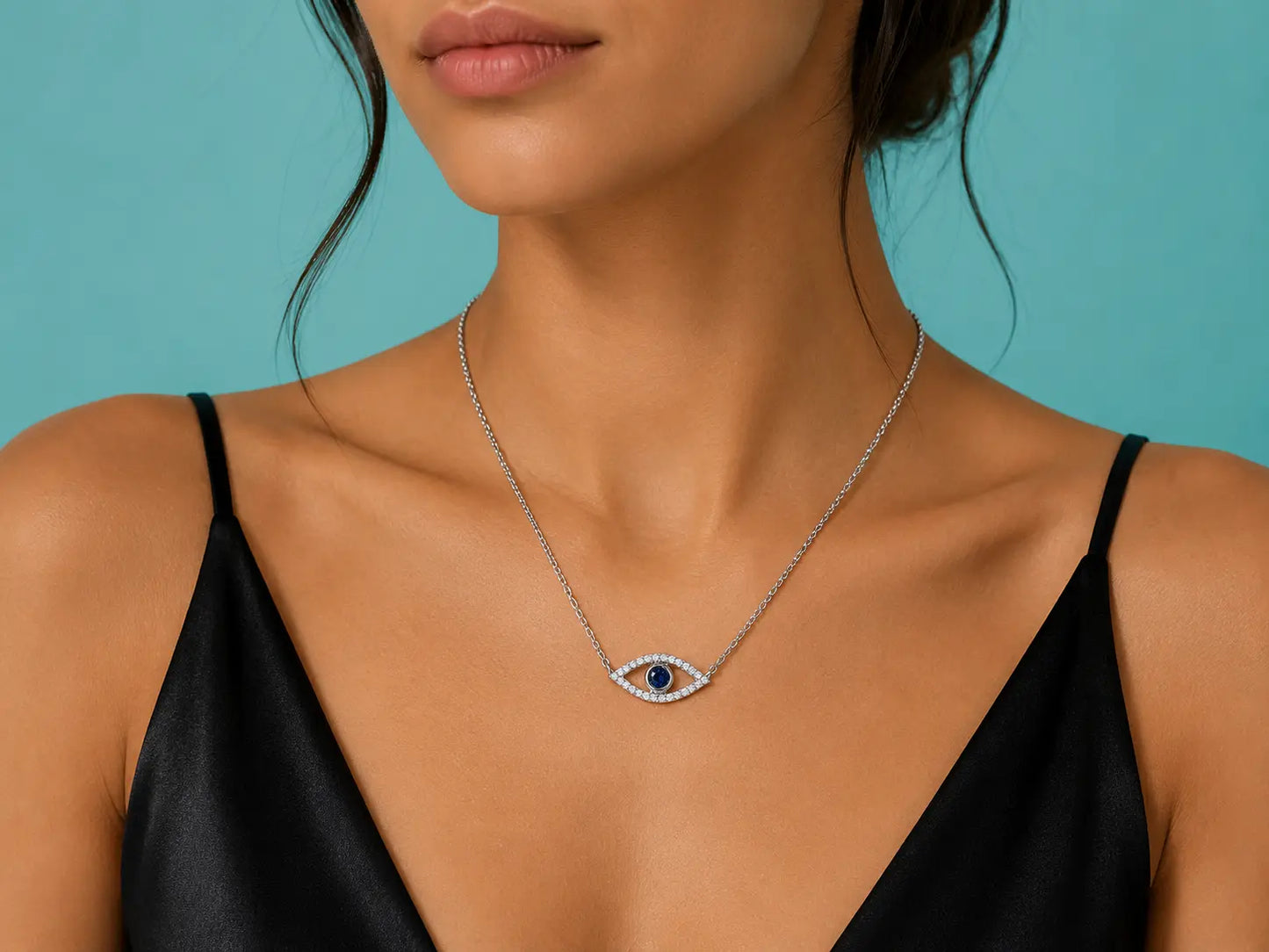 14K White Gold Diamond & Sapphire Evil Eye Pendant Necklace superbell