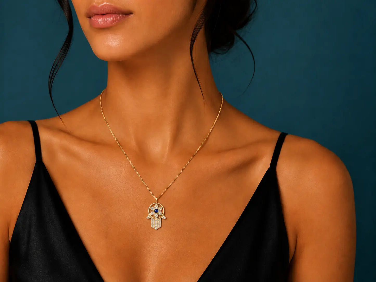 14K Yellow Gold Diamond & Sapphire Hamsa Pendant Necklace Angelica Jewellers