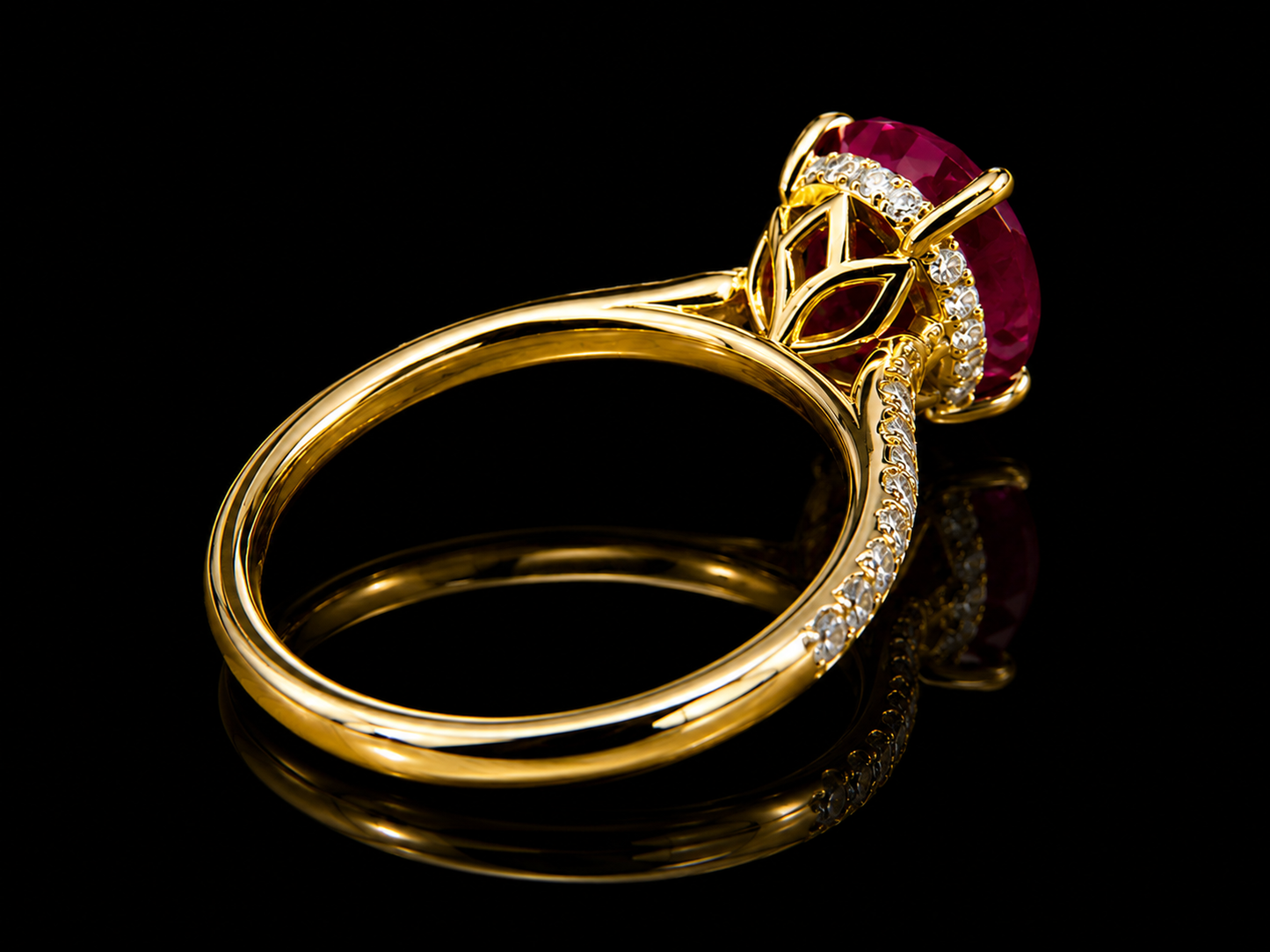 3.69 ct Diamondlite Ruby® Pigeon Blood Red Ring in 18K Yellow Gold with 0.50 ct Diamond Accents