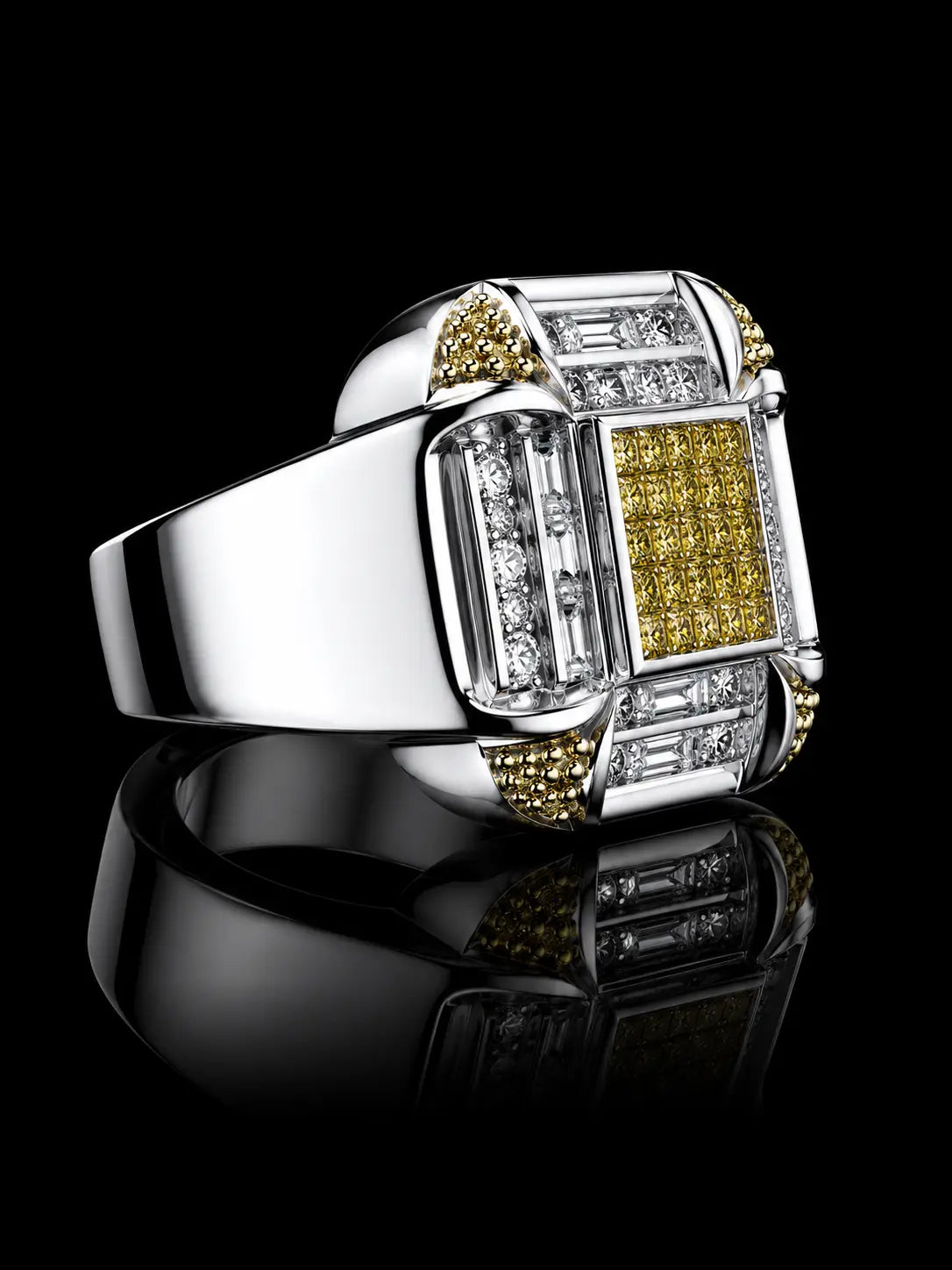 14K White Gold Old School Signet Ring – 2.50 CT Natural White & Yellow Diamonds Angelica Jewellers