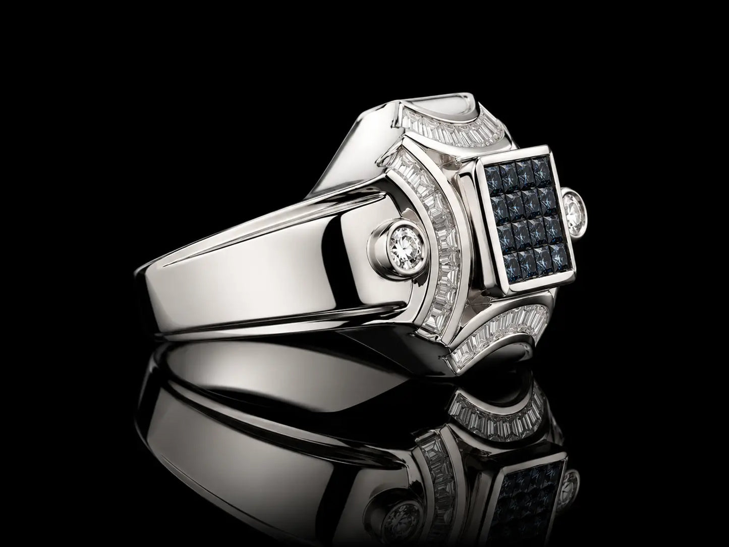 14K White Gold Signet Ring – 2.00 CT White & Blue Diamond Ring Angelica Jewellers