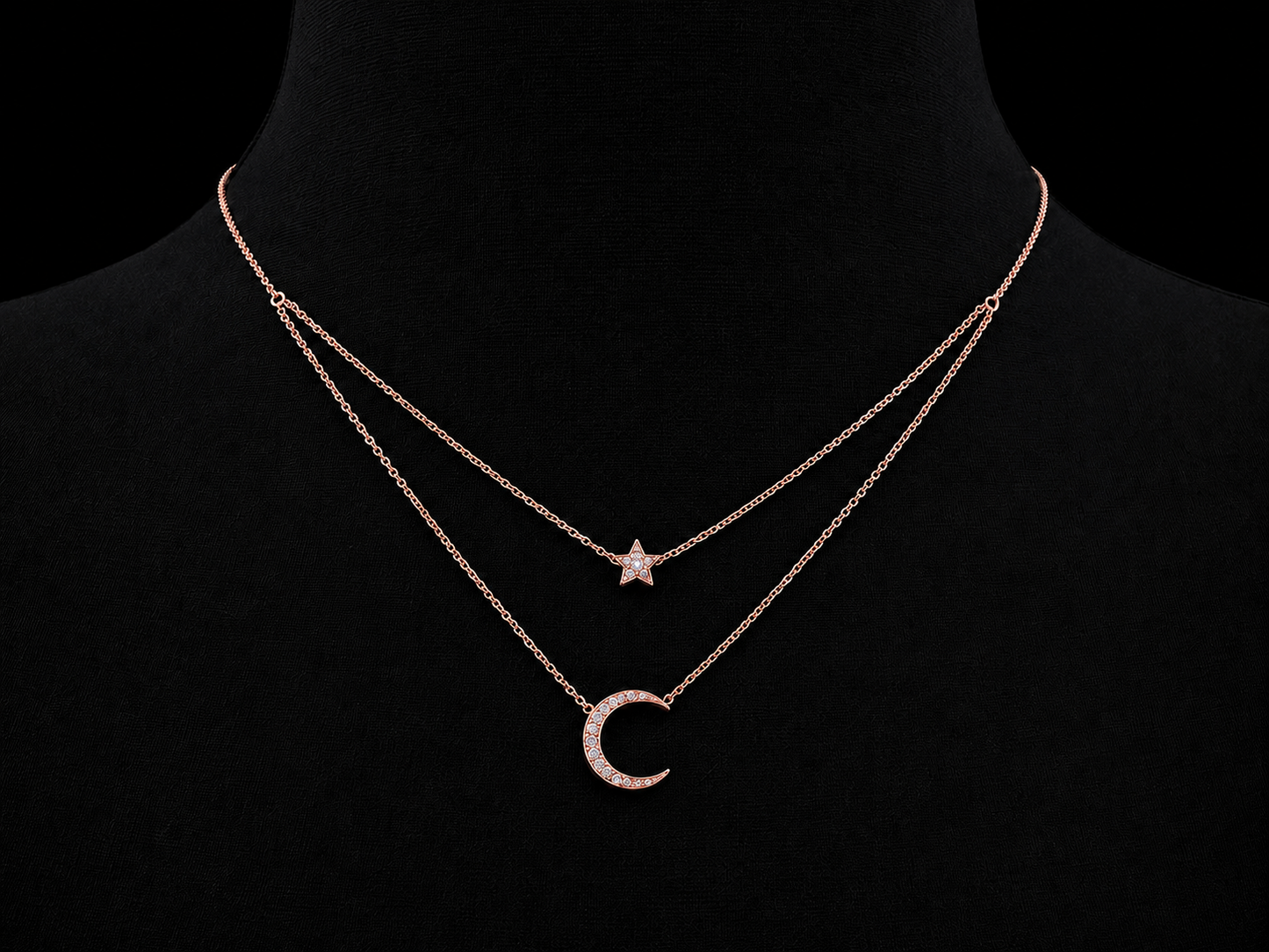 14K Rose Gold Diamond Moon & Star Layered Necklace – 0.17 CTW Natural Diamonds | SI Clarity, G-H Color Angelica Jewellers
