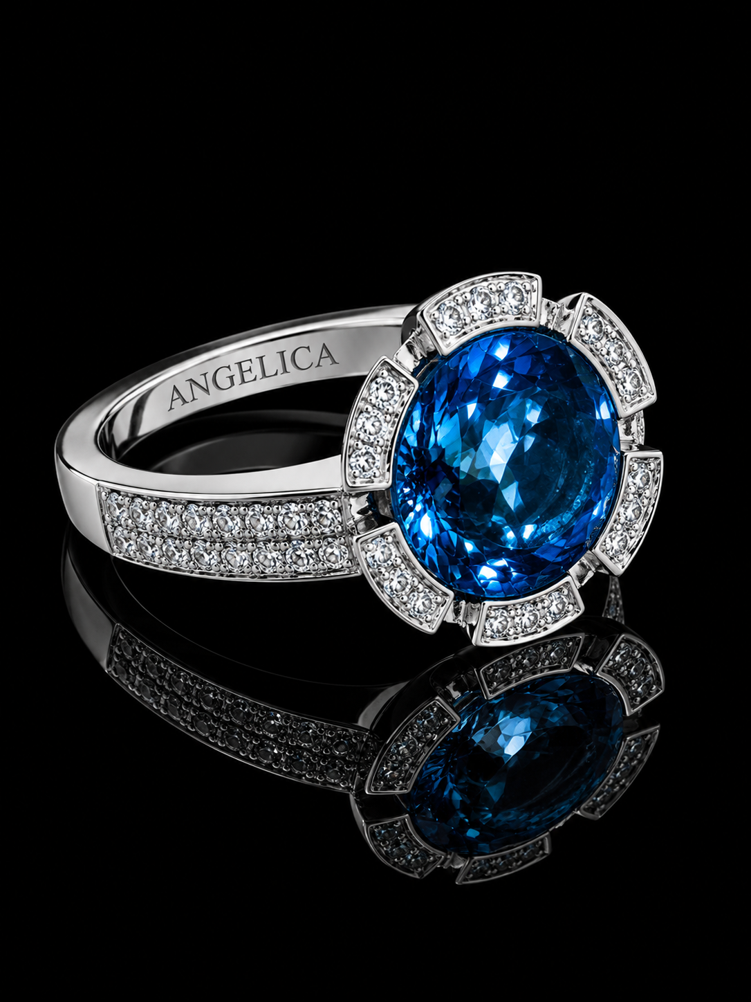 18K White Gold Floral Blue Topaz & Diamond Ring