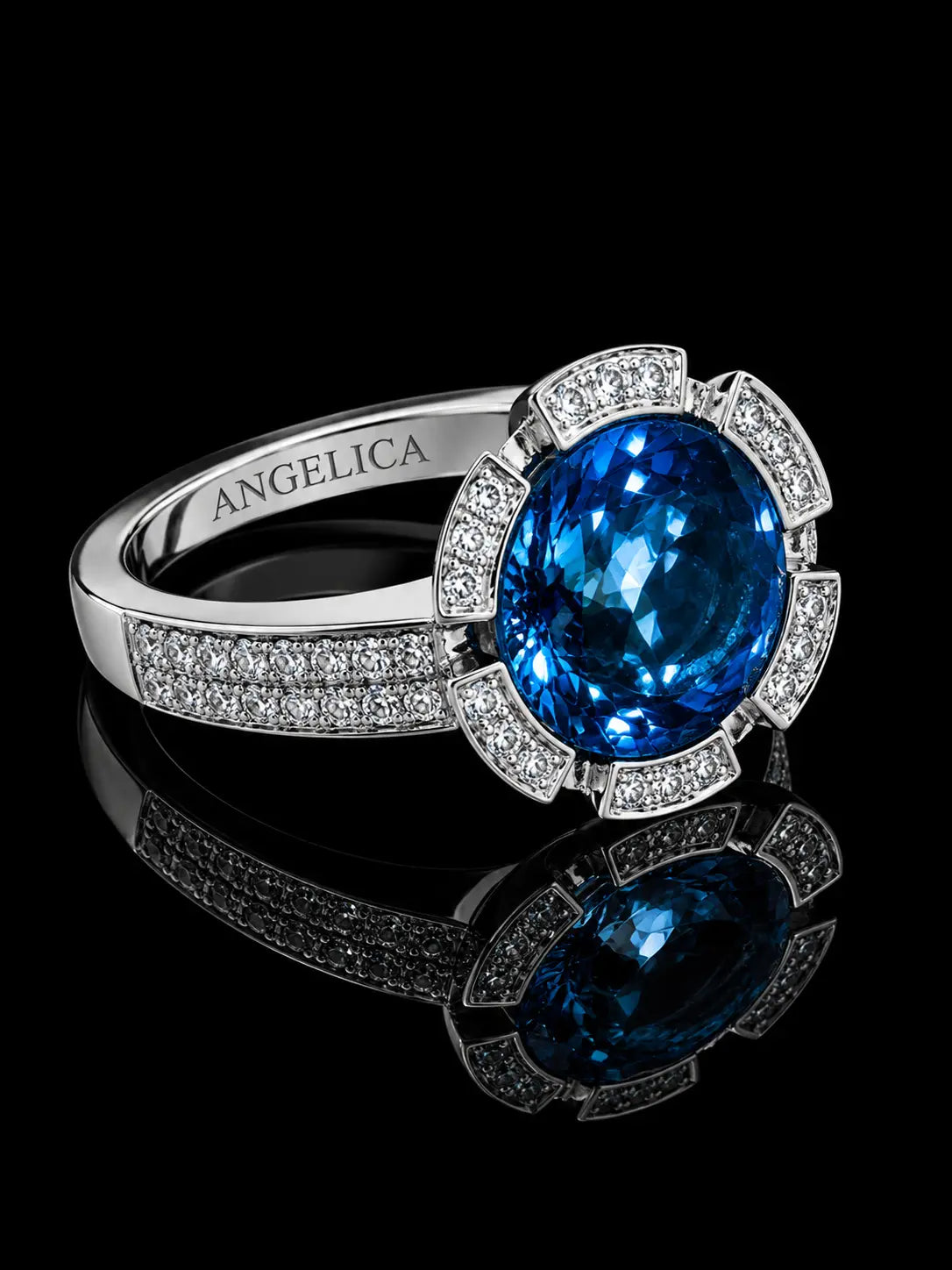 18K White Gold Floral Blue Topaz & Diamond Ring Angelica Jewellers