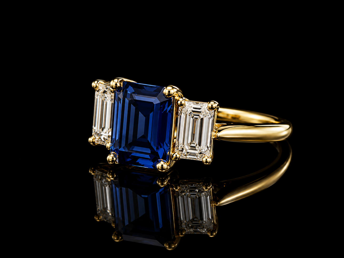 18K Yellow Gold Lab Blue Sapphire Emerald Cut & Diamond Ring
