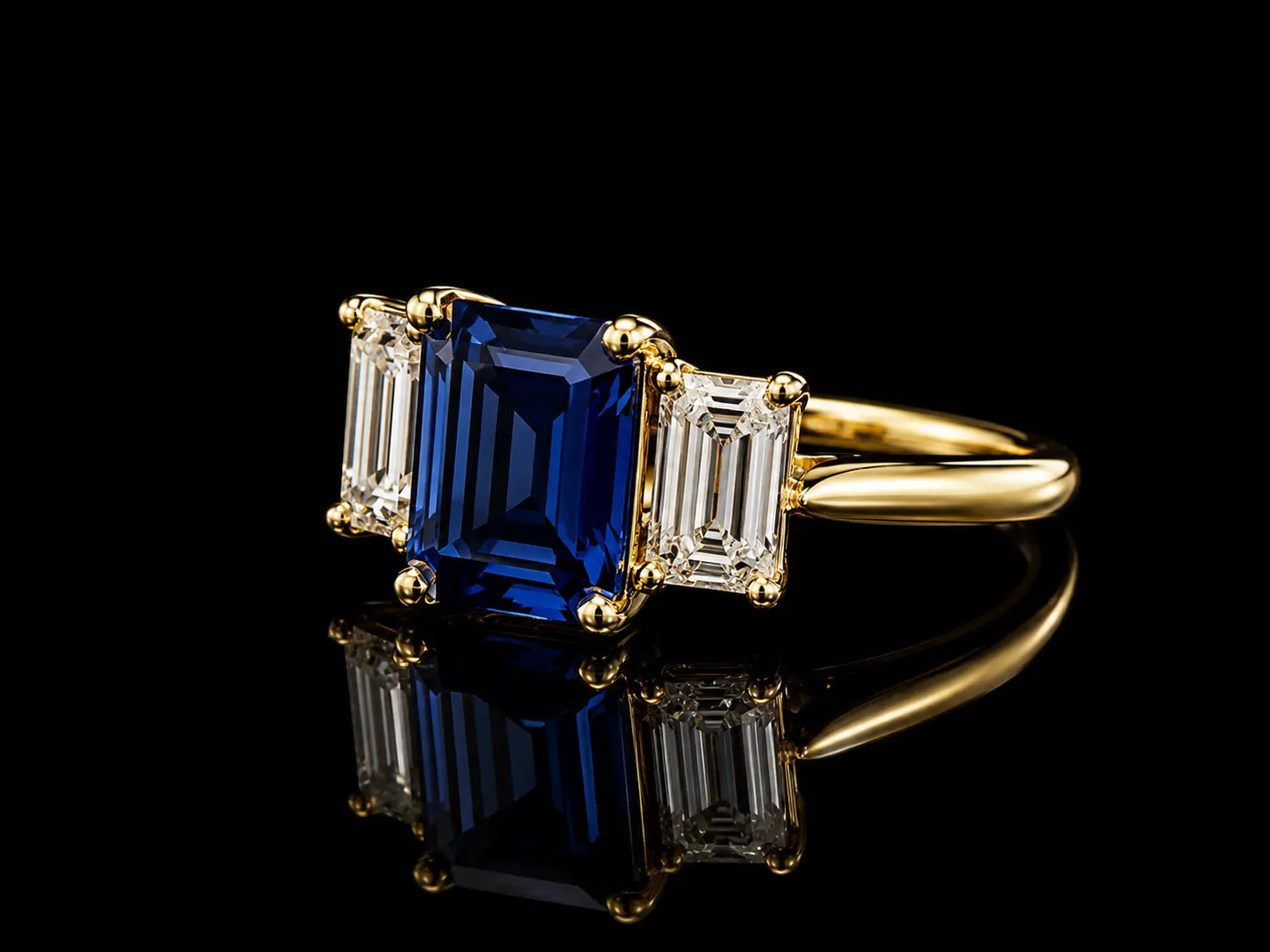 18K Yellow Gold Lab Blue Sapphire Emerald Cut & Diamond Ring Angelica Jewellers
