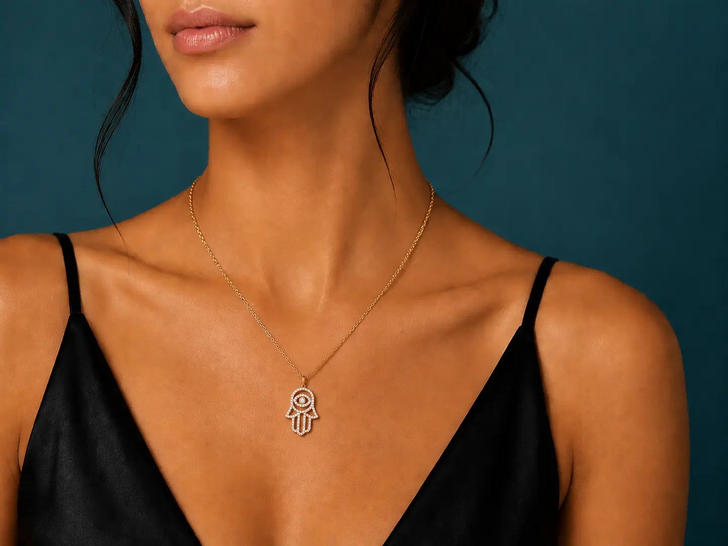 14K Yellow Gold Diamond Hamsa Pendant Necklace superbell