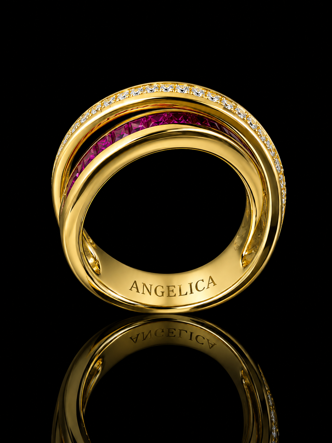 18K Yellow Gold Natural Ruby & Diamond Criss-Cross Ring – 1.30 CT Princess-Cut Rubies