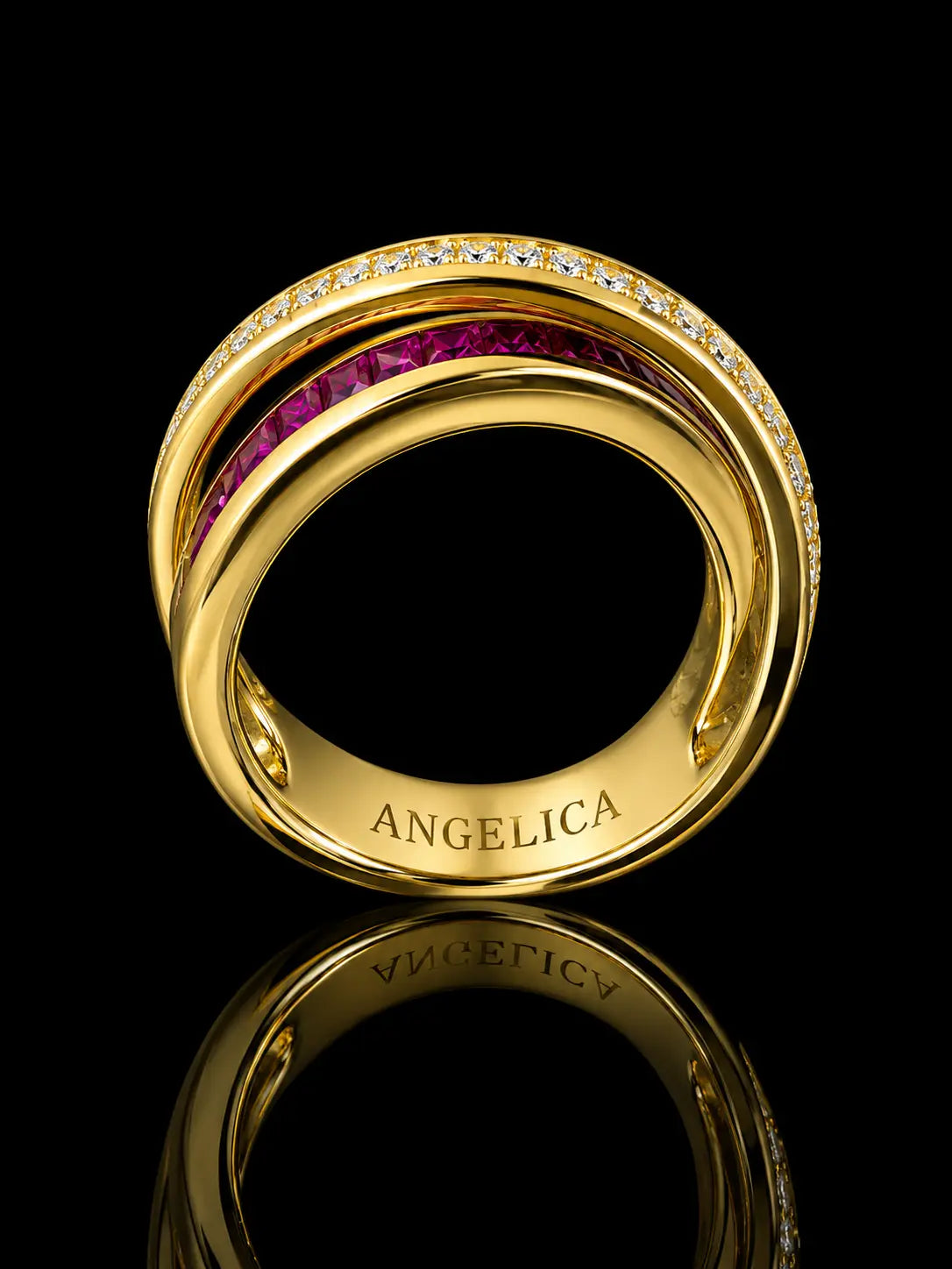 18K Yellow Gold Natural Ruby & Diamond Criss-Cross Ring – 1.30 CT Princess-Cut Rubies Angelica Jewellers