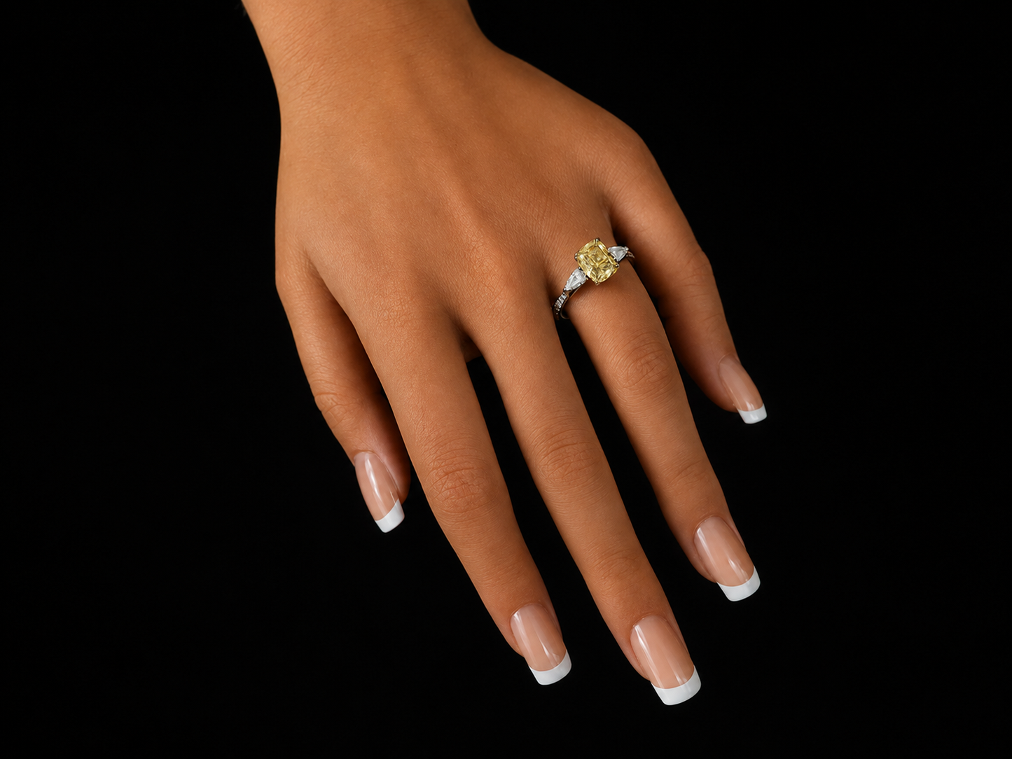 Platinum & 18K Yellow Gold Canary Yellow Lab Diamond Elongated Cushion Engagement Ring – 2.22 ct Total – IGI Certified Angelica Jewellers