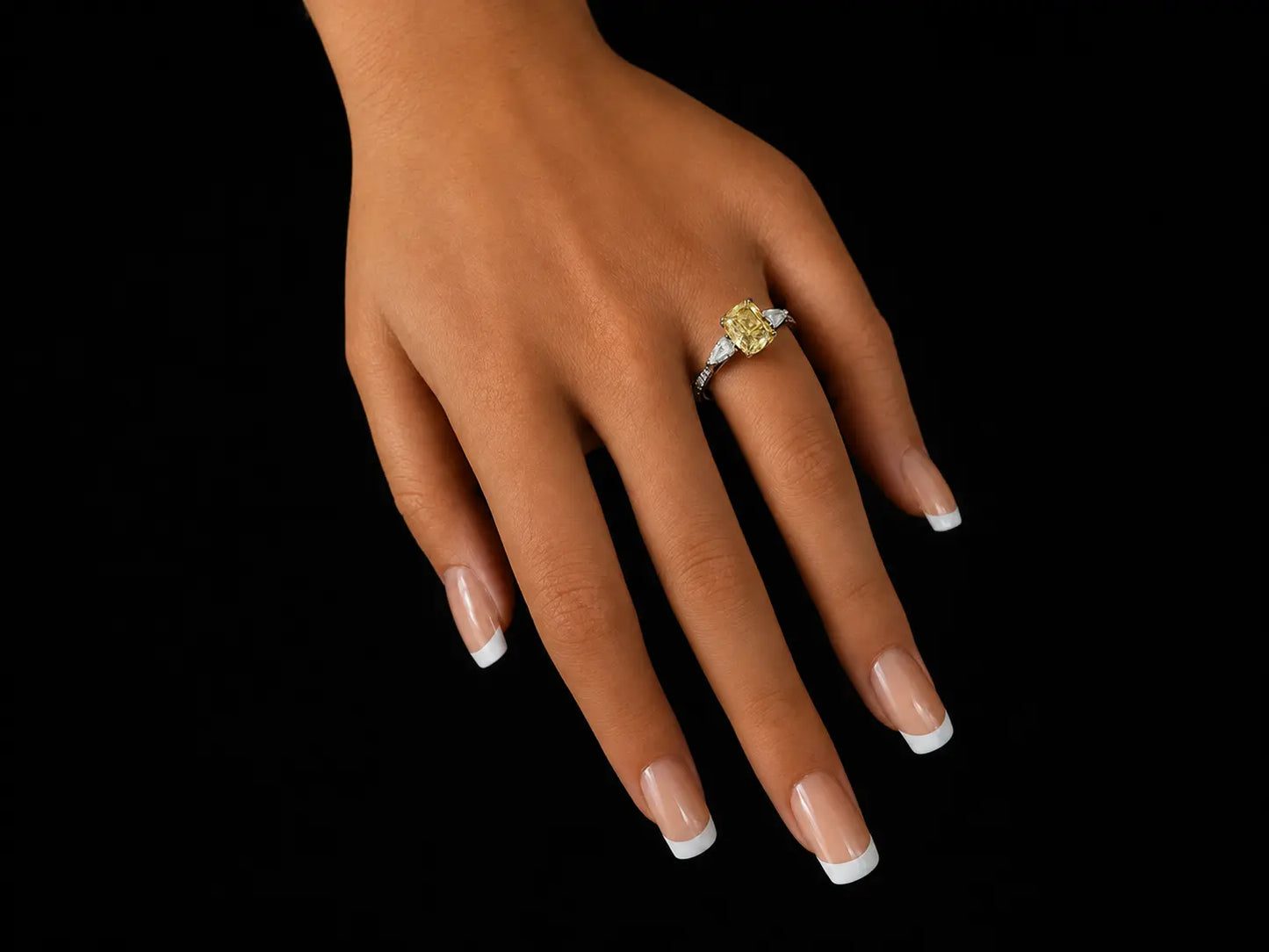 Platinum & 18K Yellow Gold Canary Yellow Lab Diamond Elongated Cushion Engagement Ring – 2.22 ct Total – IGI Certified Angelica Jewellers