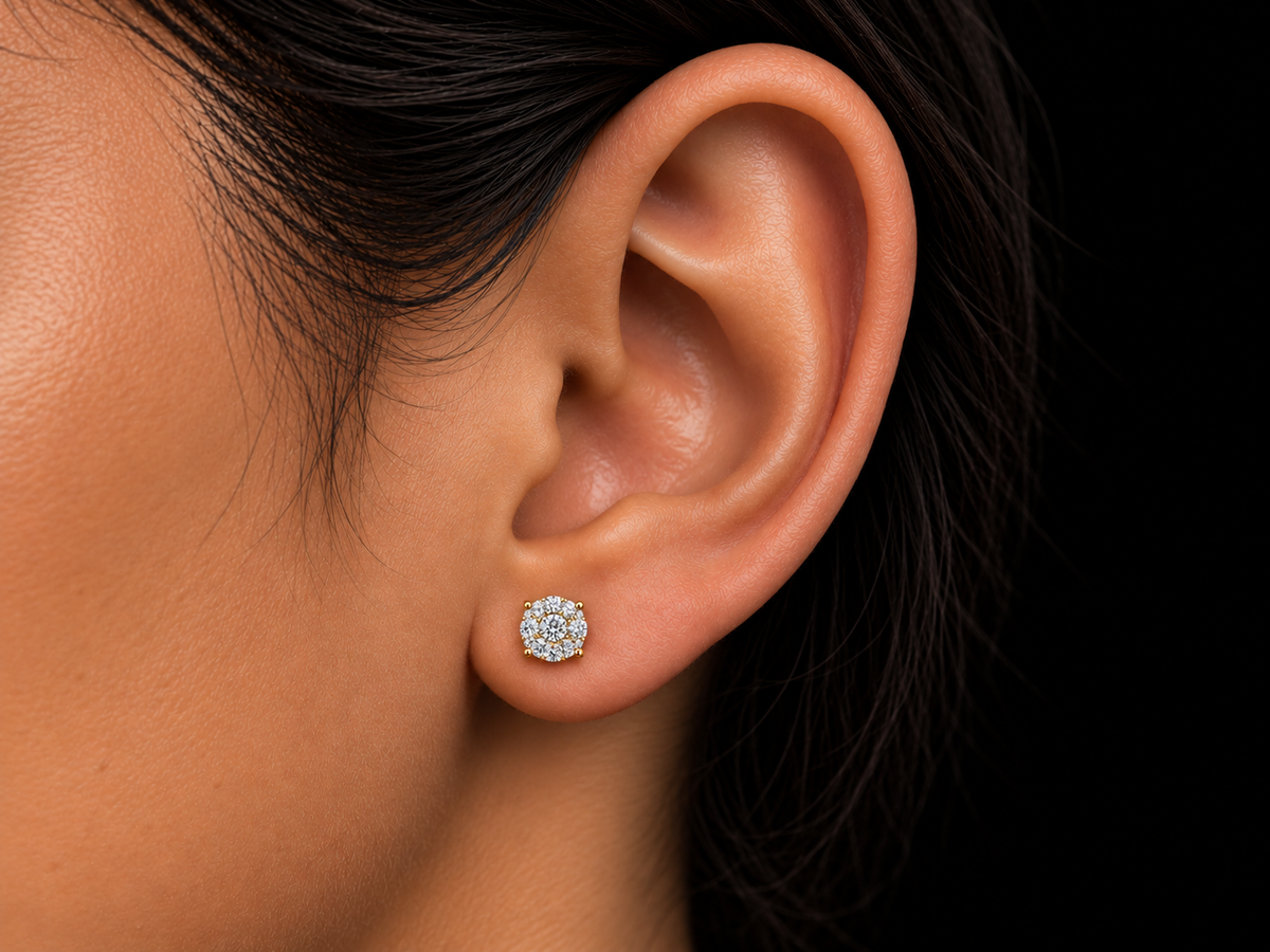 14K Yellow Gold 0.25 CT Natural Diamond Halo Stud Earrings – Angelica Jewellers, view 2