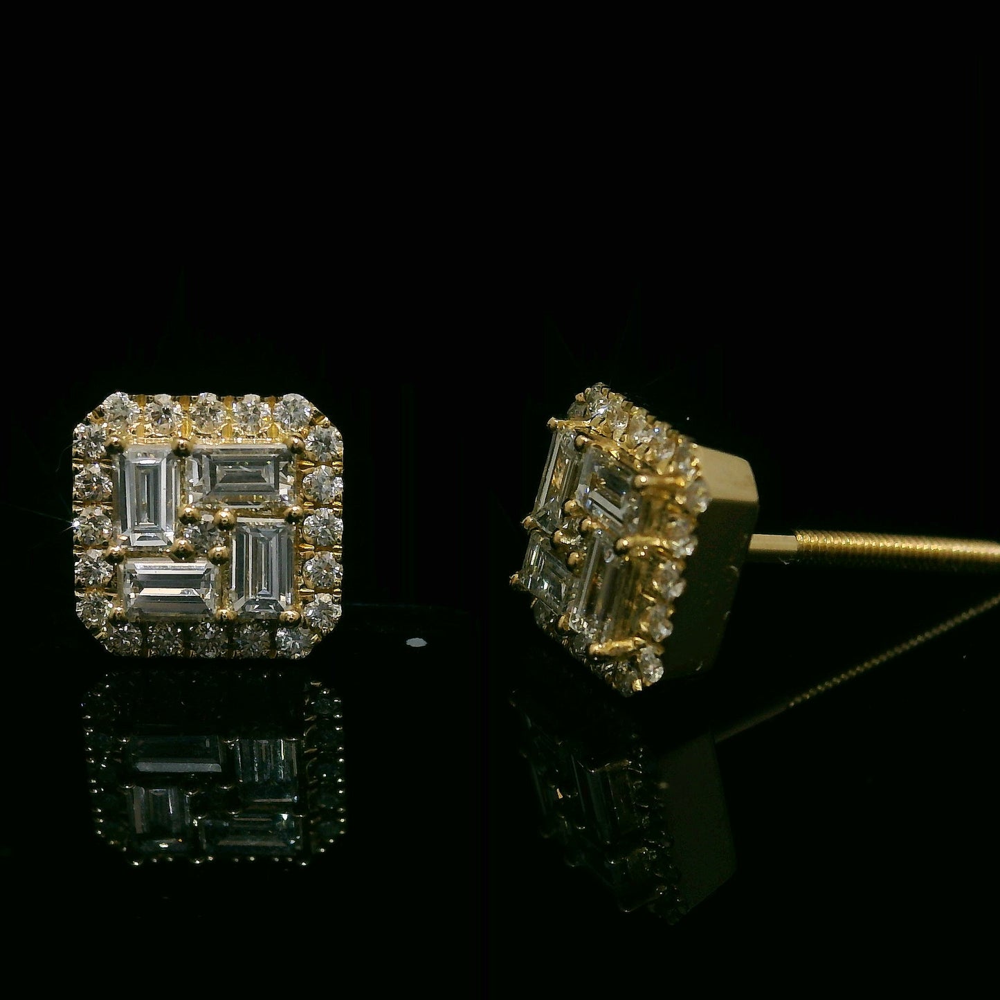 14K YELLOW GOLD BAGUETTE & ROUND VVS F+ DIAMOND EARRINGS