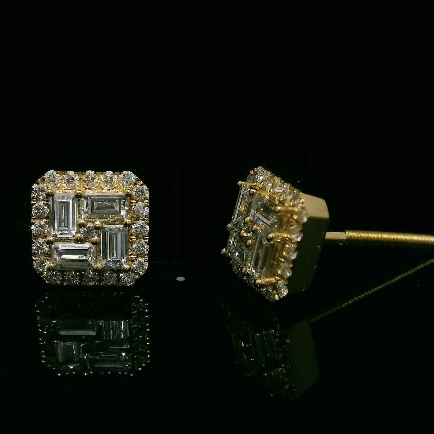 14K YELLOW GOLD BAGUETTE & ROUND VVS F+ DIAMOND EARRINGS Angelica Jewellers