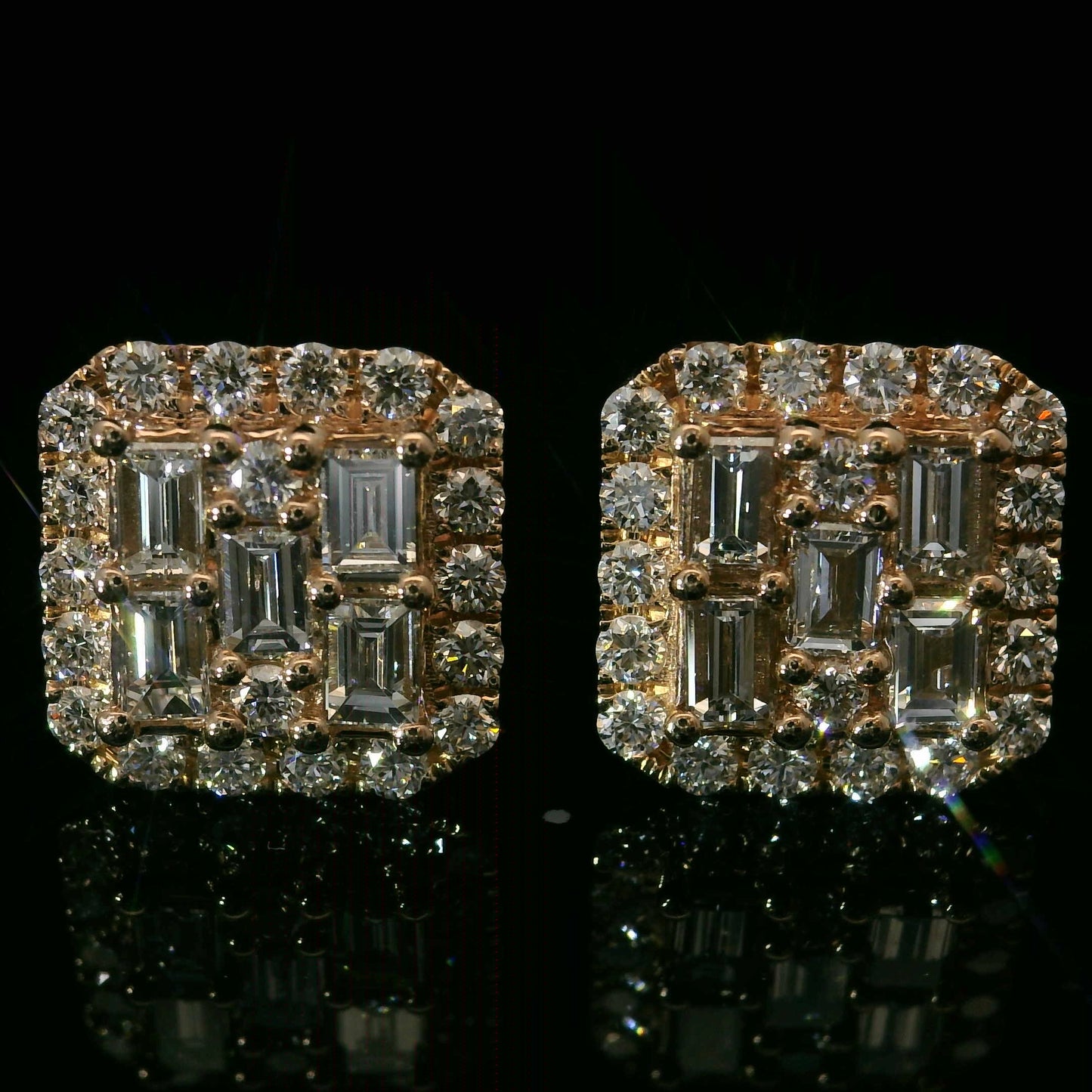 14K ROSE GOLD BAGUETTE & ROUND VVS F+ DIAMOND EARRINGS