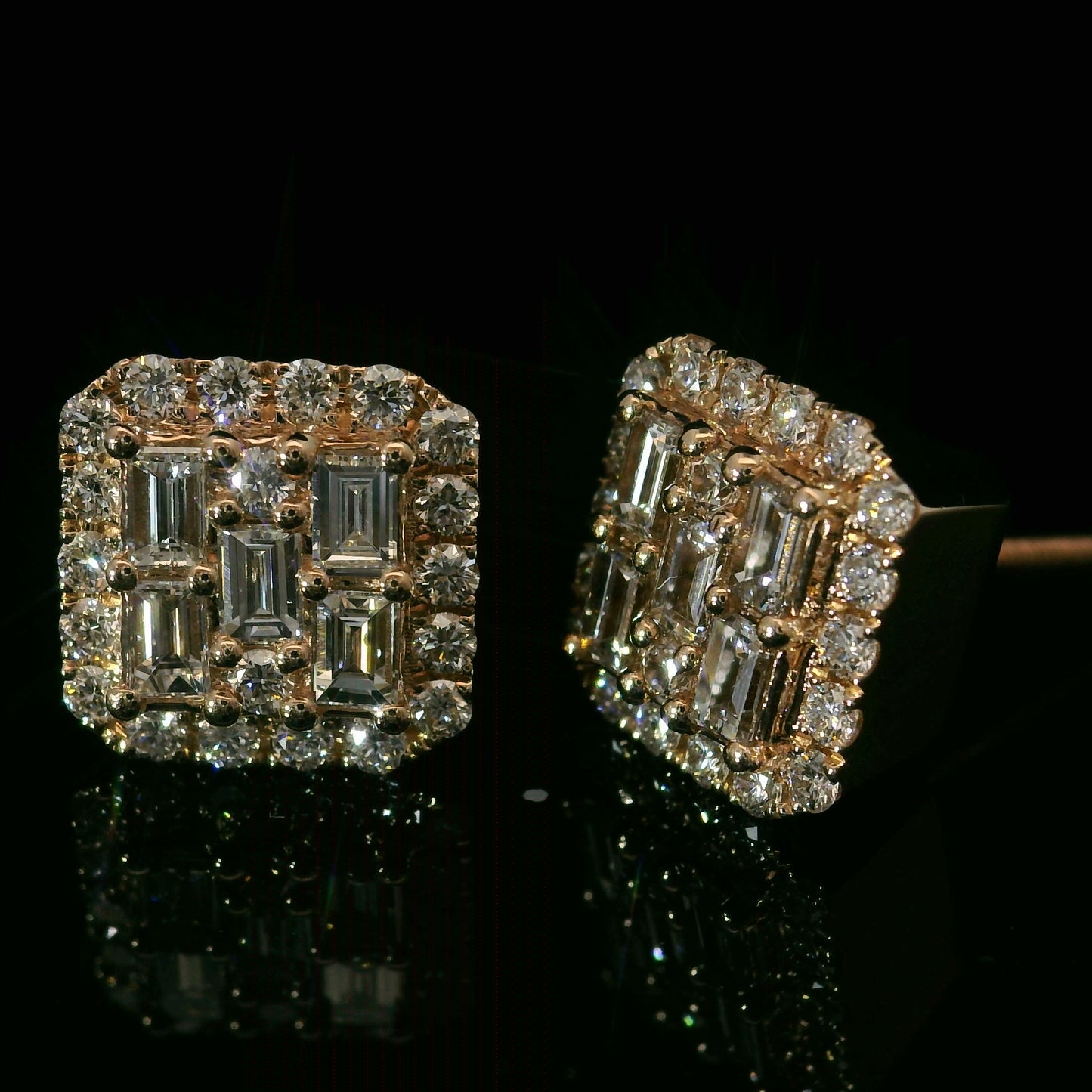 14K ROSE GOLD BAGUETTE & ROUND VVS F+ DIAMOND EARRINGS