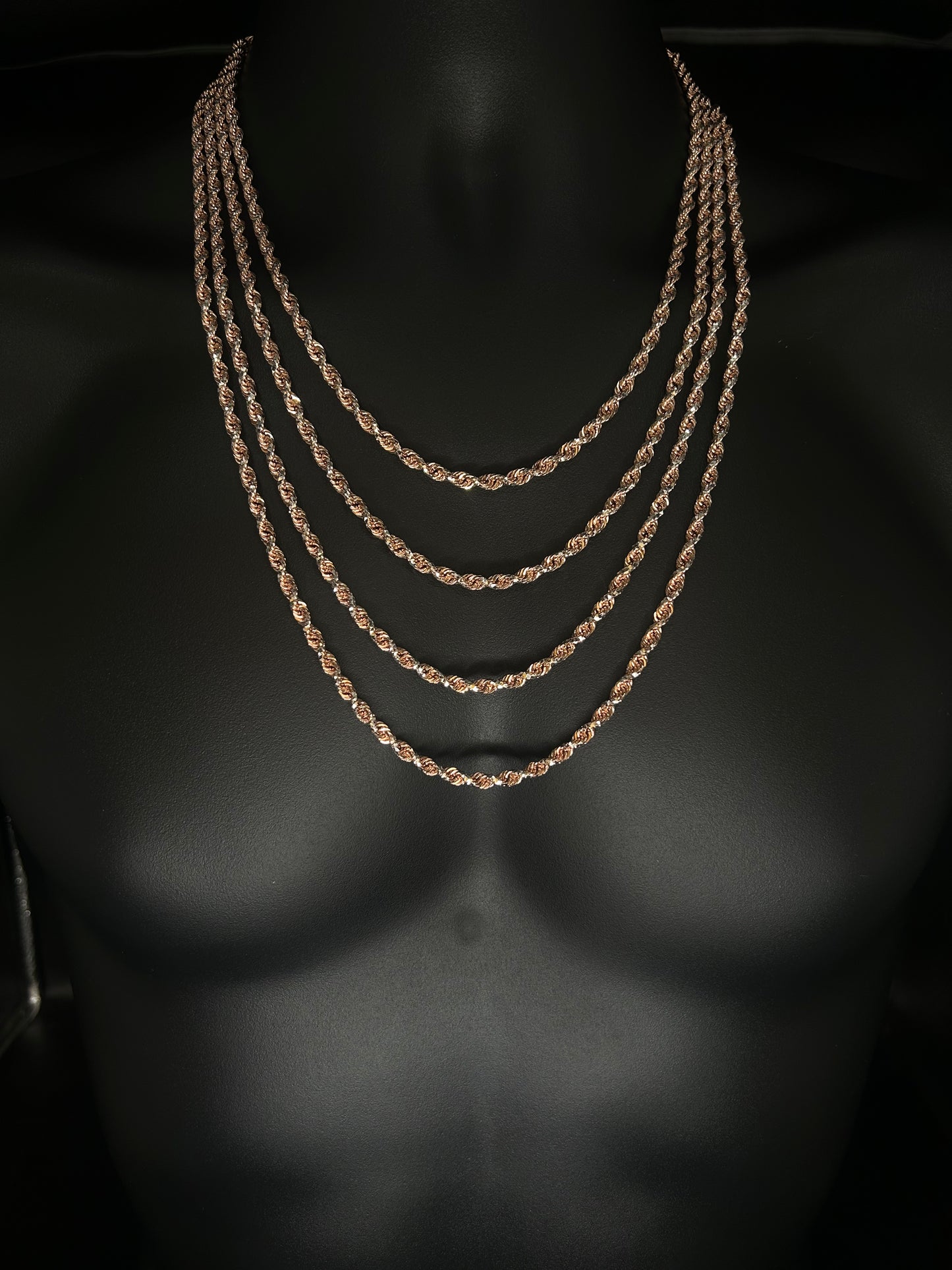 CADENA DE CUERDA DE ORO ROSA MACIZO DE 10 K CON CORTE DE DIAMANTE DE 4,20 MM