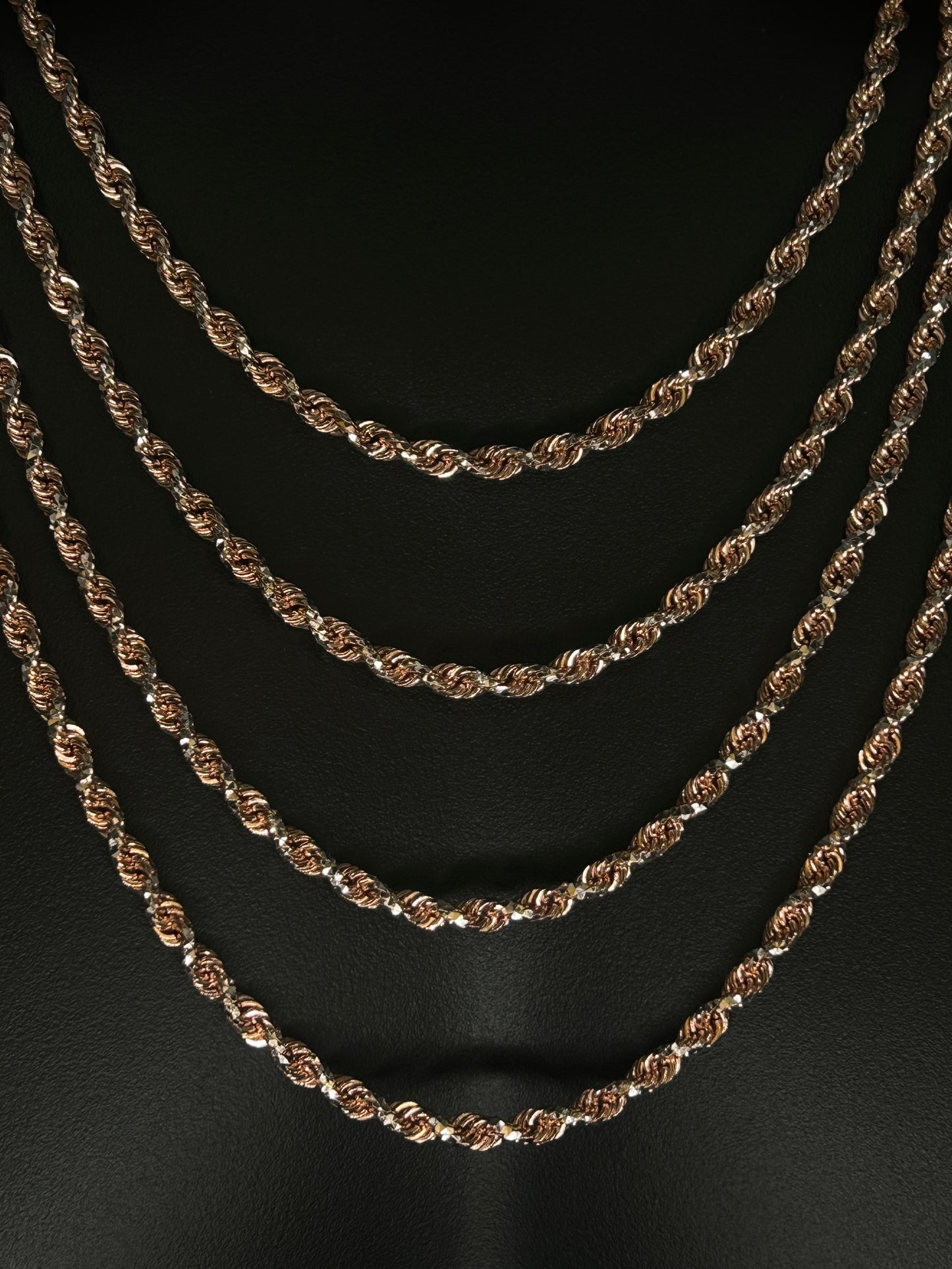 CADENA DE CUERDA DE ORO ROSA MACIZO DE 10 K CON CORTE DE DIAMANTE DE 4,20 MM