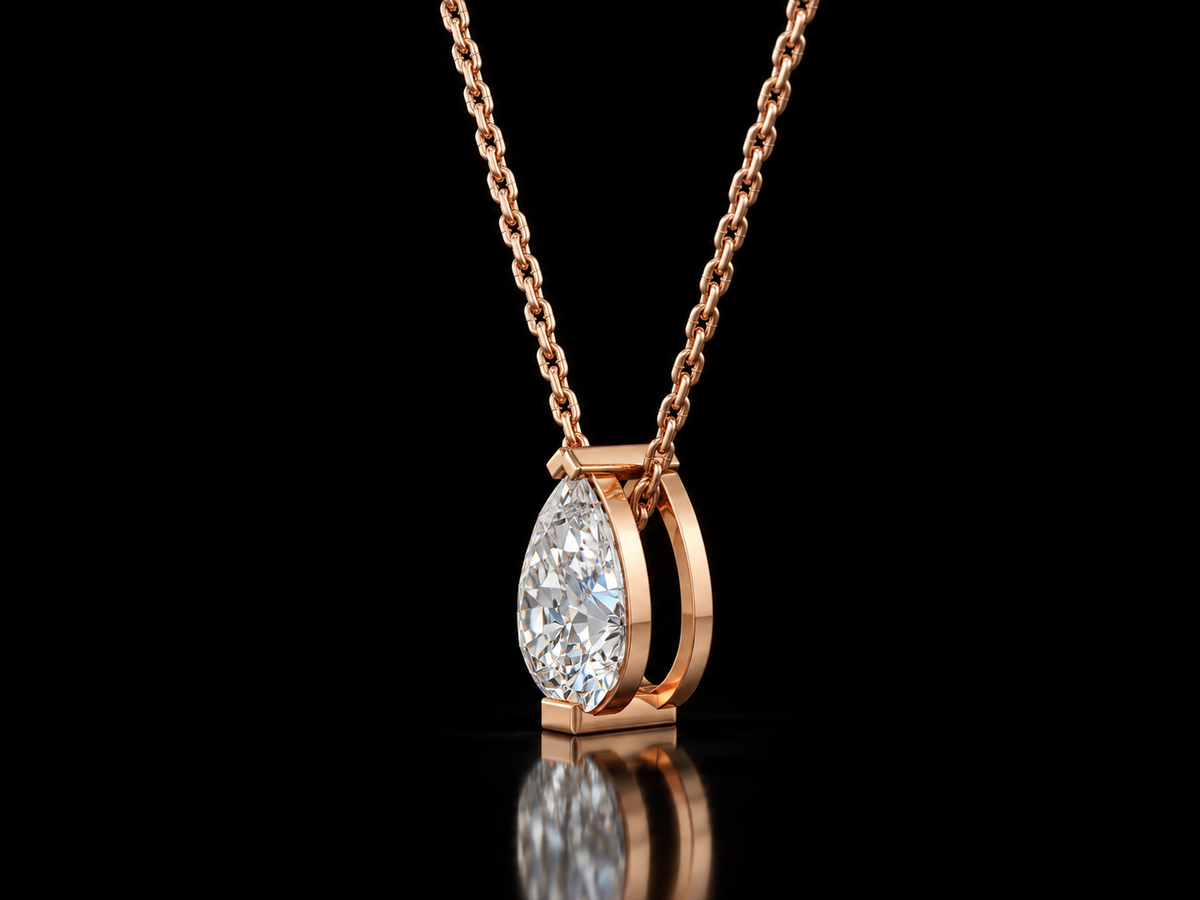 Pear-cut lab-grown diamond solitaire pendant necklace in rose gold, angled view