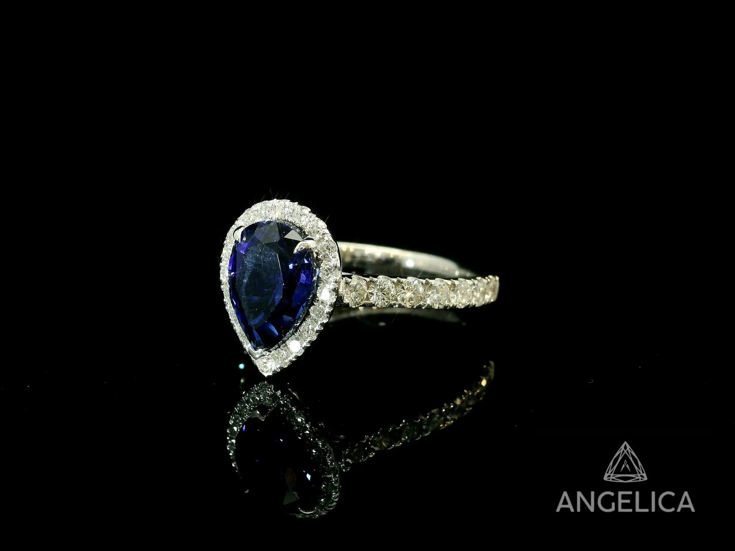14K WHITE GOLD LAB BLUE SAPPHIRE PEAR SHAPE & DIAMONDS RING Angelica Jewellers